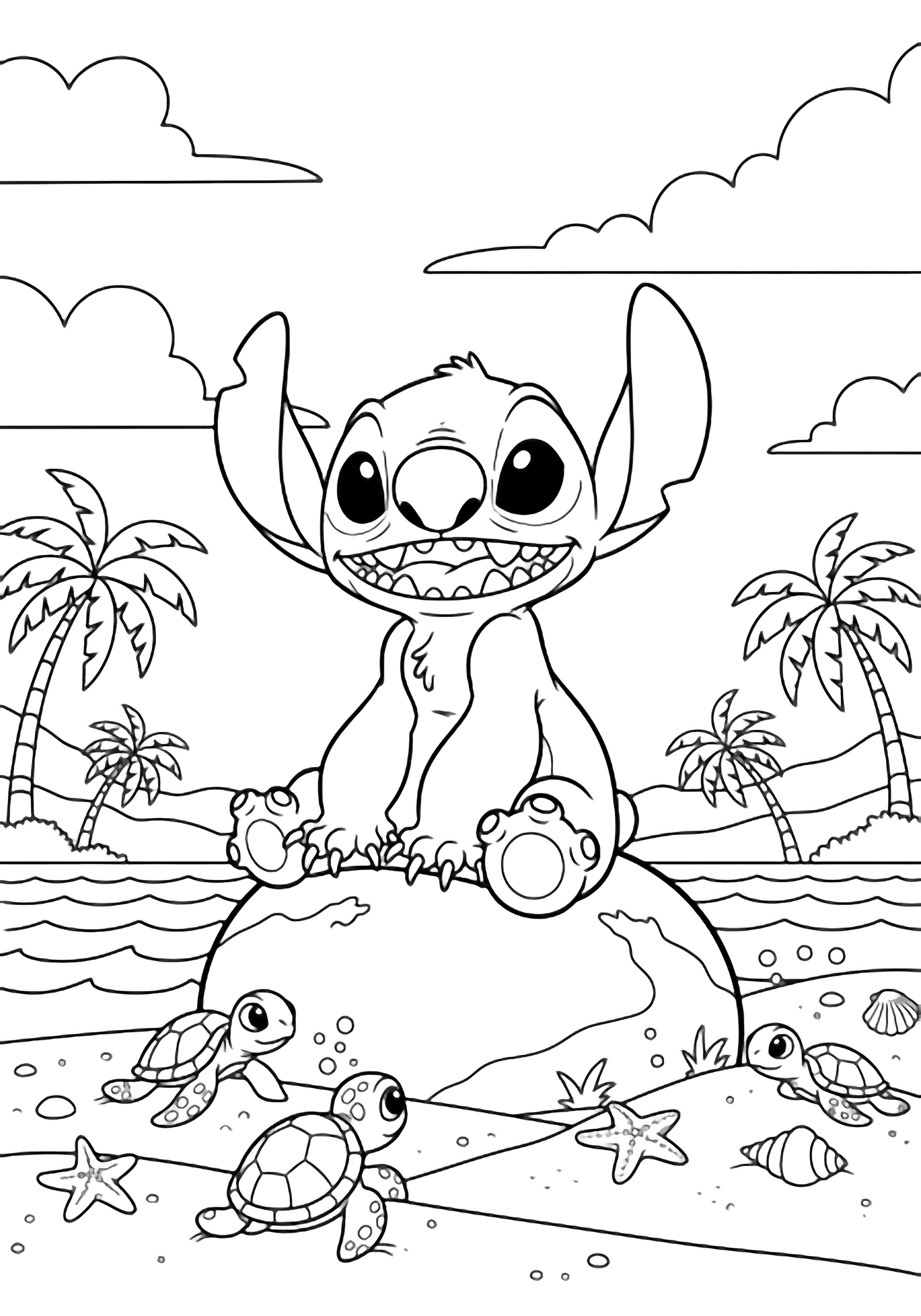 illustration on a Stitch sits cross legged on a round rock smiling as tiny sea turtles crawl past shells and starfish toward wavy water; simple clouds and distant palm trunks frame the horizon all in bold open outlines ready to color clean black kleurplaat