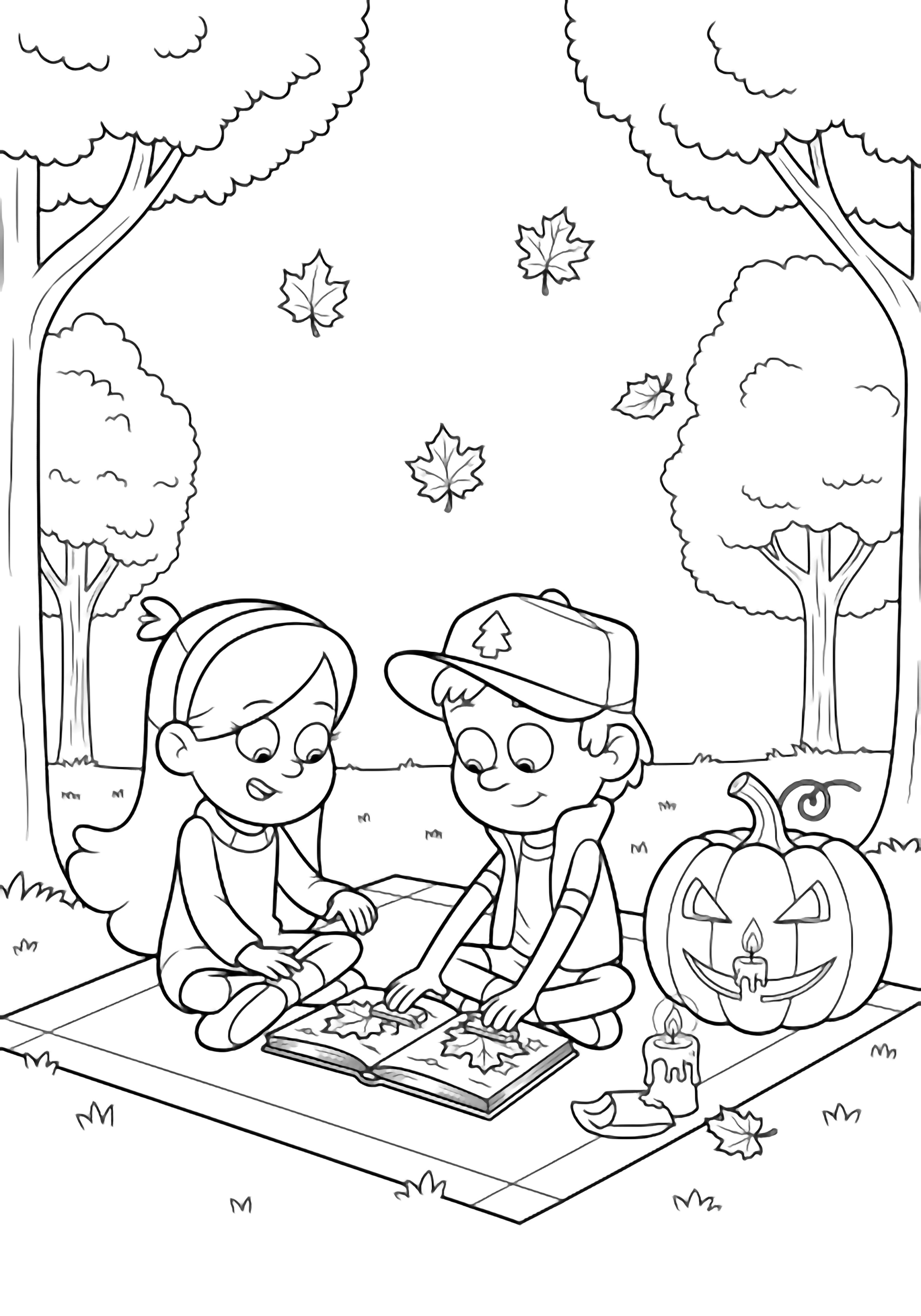 Mabel and Dipper sit cross-legged on a picnic blanket pressing maple leaves into an open scrapbook; a pumpkin glows beside them among simple trees and drifting leaves. kleurplaat