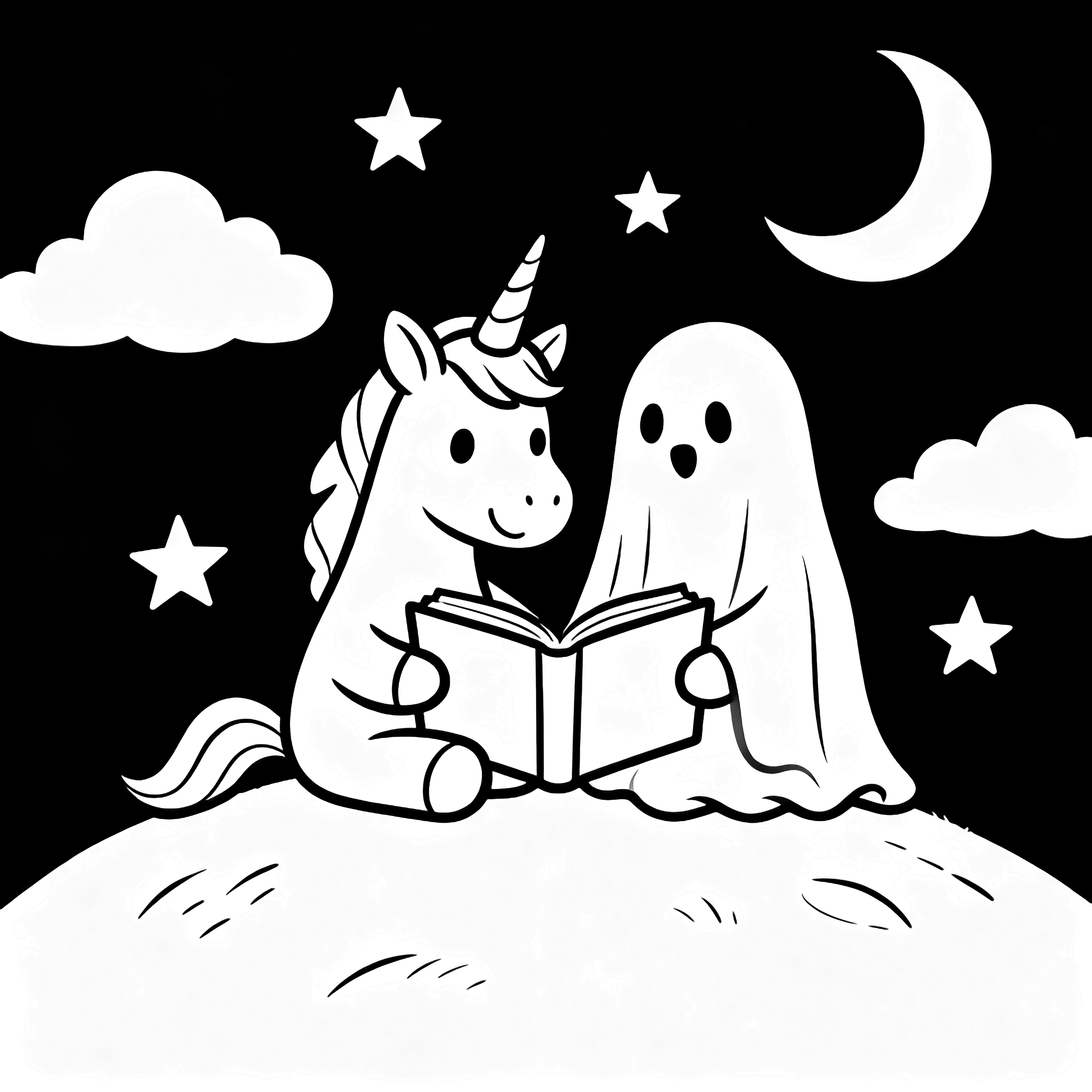 A smiling unicorn and a tiny sheet-ghost sit together on a hill sharing an open book, with clouds, stars, and a crescent moon floating behind them. kleurplaat