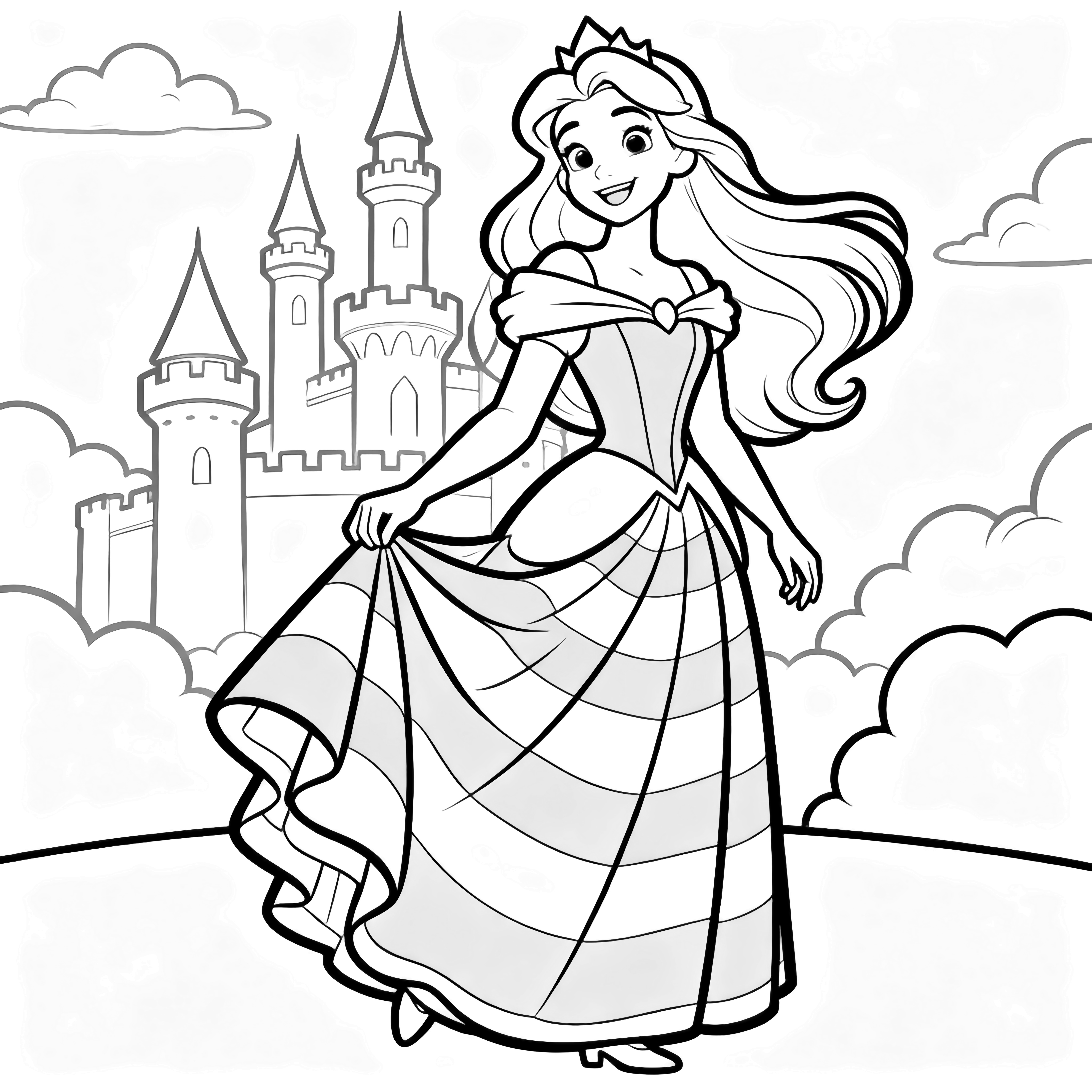 Princess Aurora smiling, lifting her long striped skirt, flowing hair, simple castle towers and clouds behind. kleurplaat