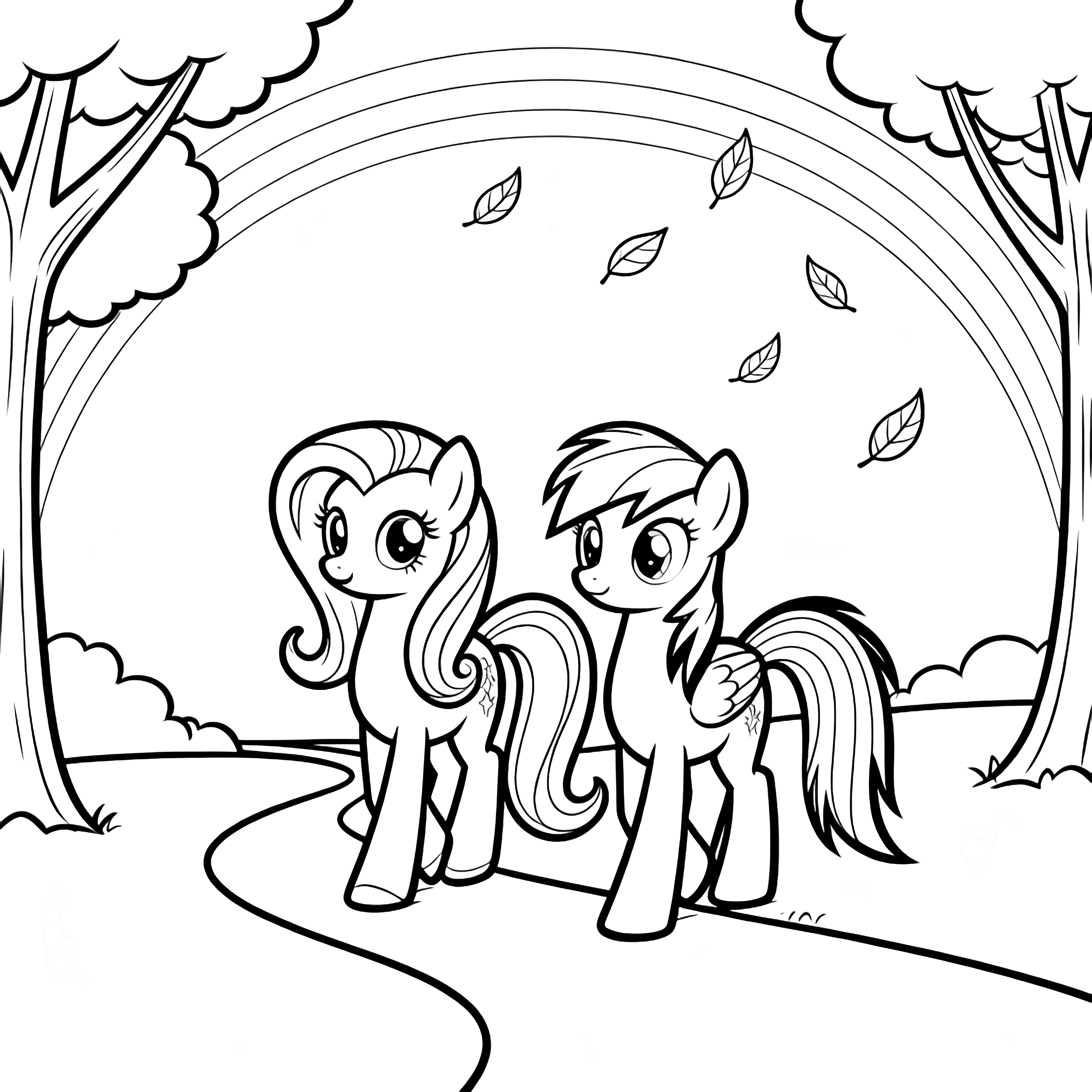Fluttershy and Rainbow Dash walk together along a curving path while simple leaves drift down, framed by trees. kleurplaat