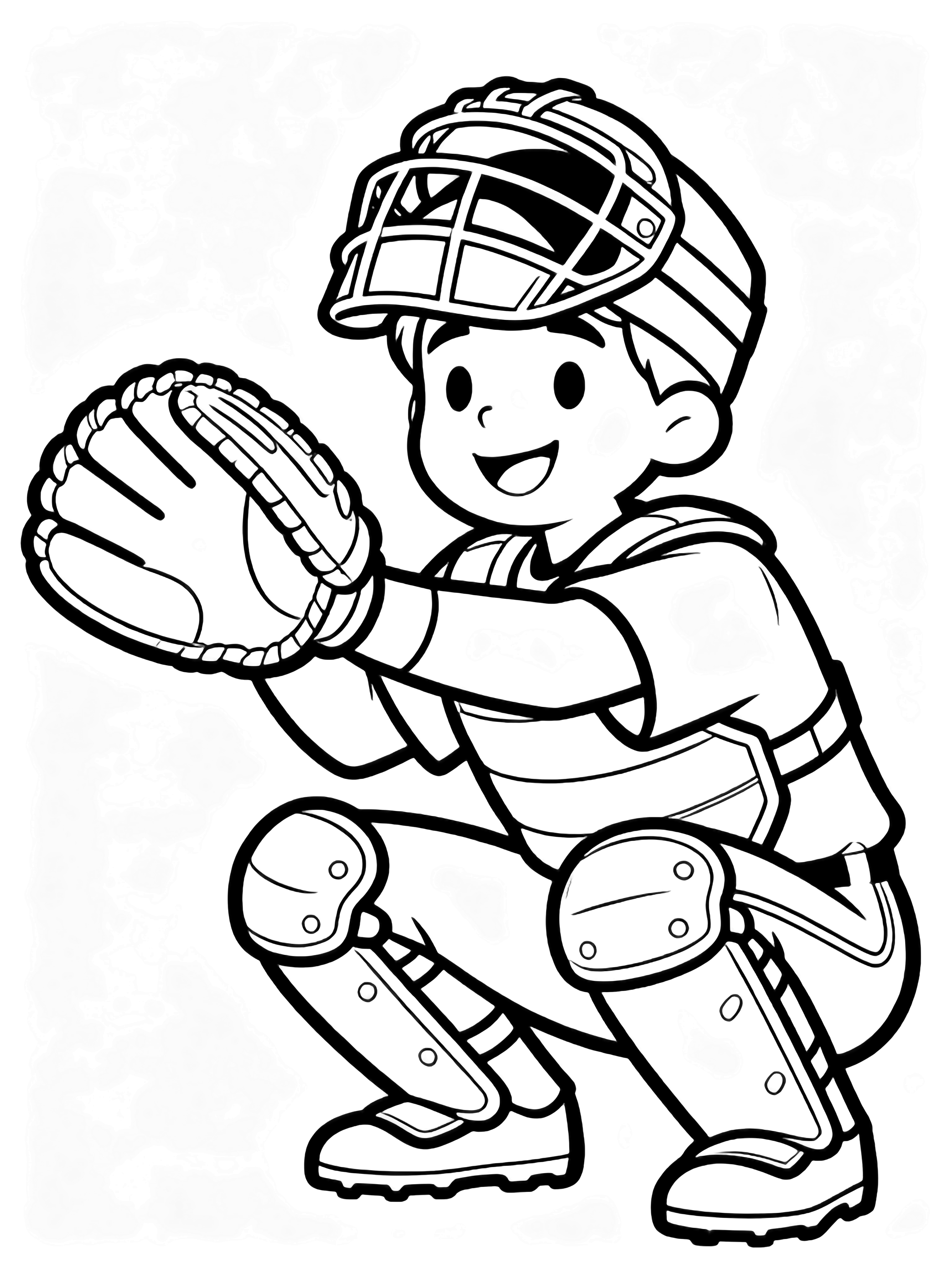 A smiling baseball catcher crouches low, mitt open wide, mask tilted up against an empty white page. kleurplaat