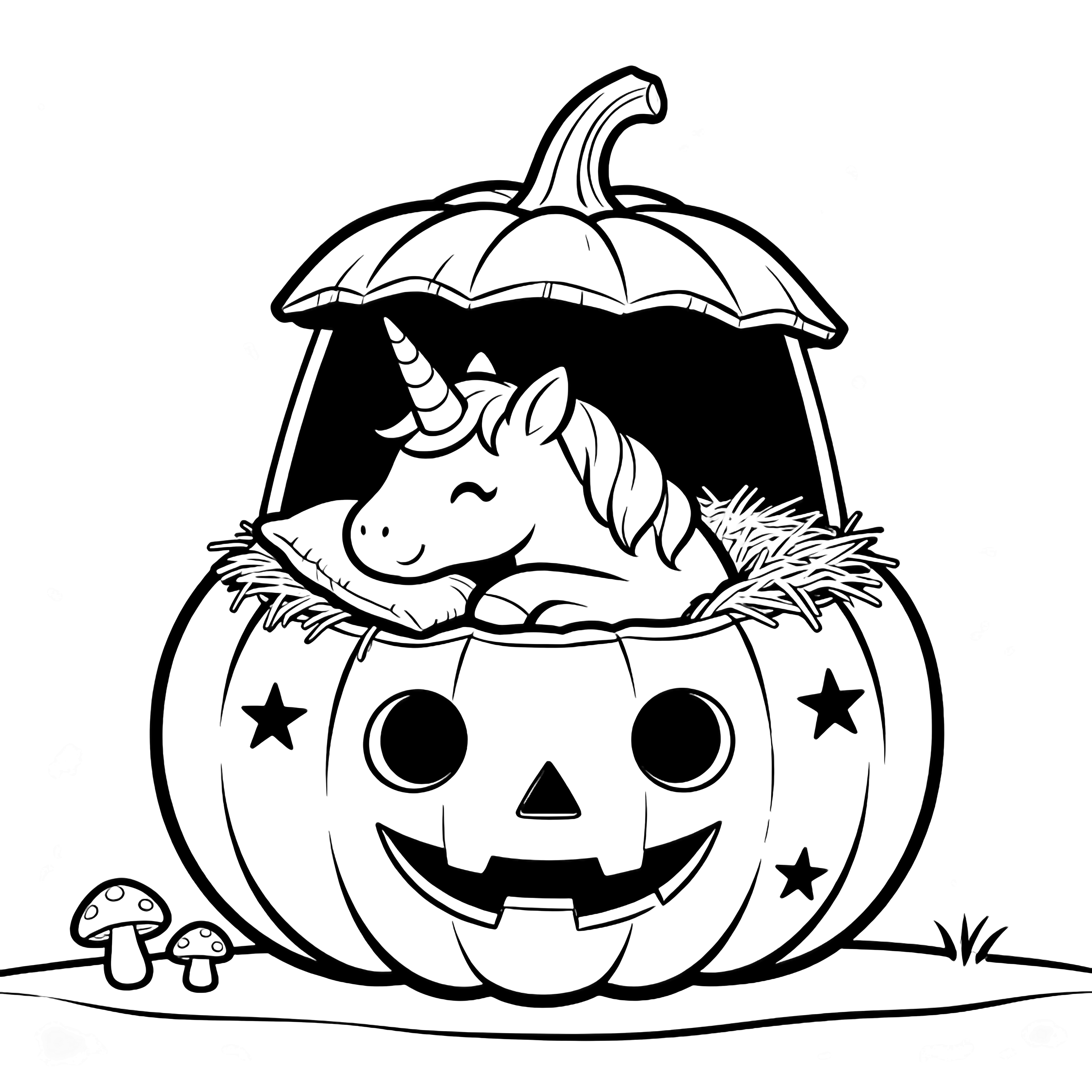A smiling unicorn naps inside a giant jack-o'-lantern, resting its head on a hay pillow; two tiny mushrooms grow nearby. kleurplaat