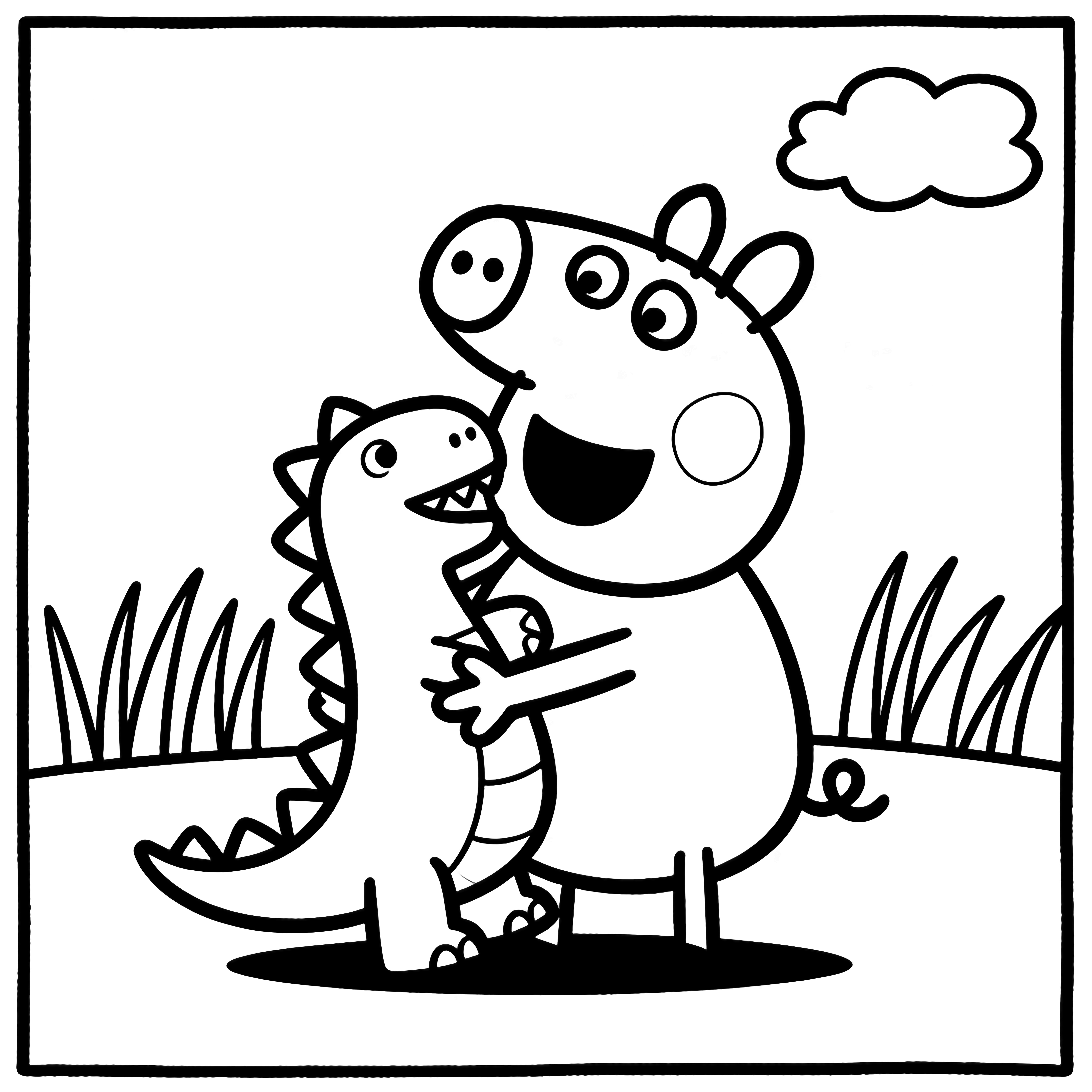 George Pig knuffelt blij een mollige speelgoeddinosaurus, staand op een eenvoudige graslijn onder een enkele wollige wolk. kleurplaat