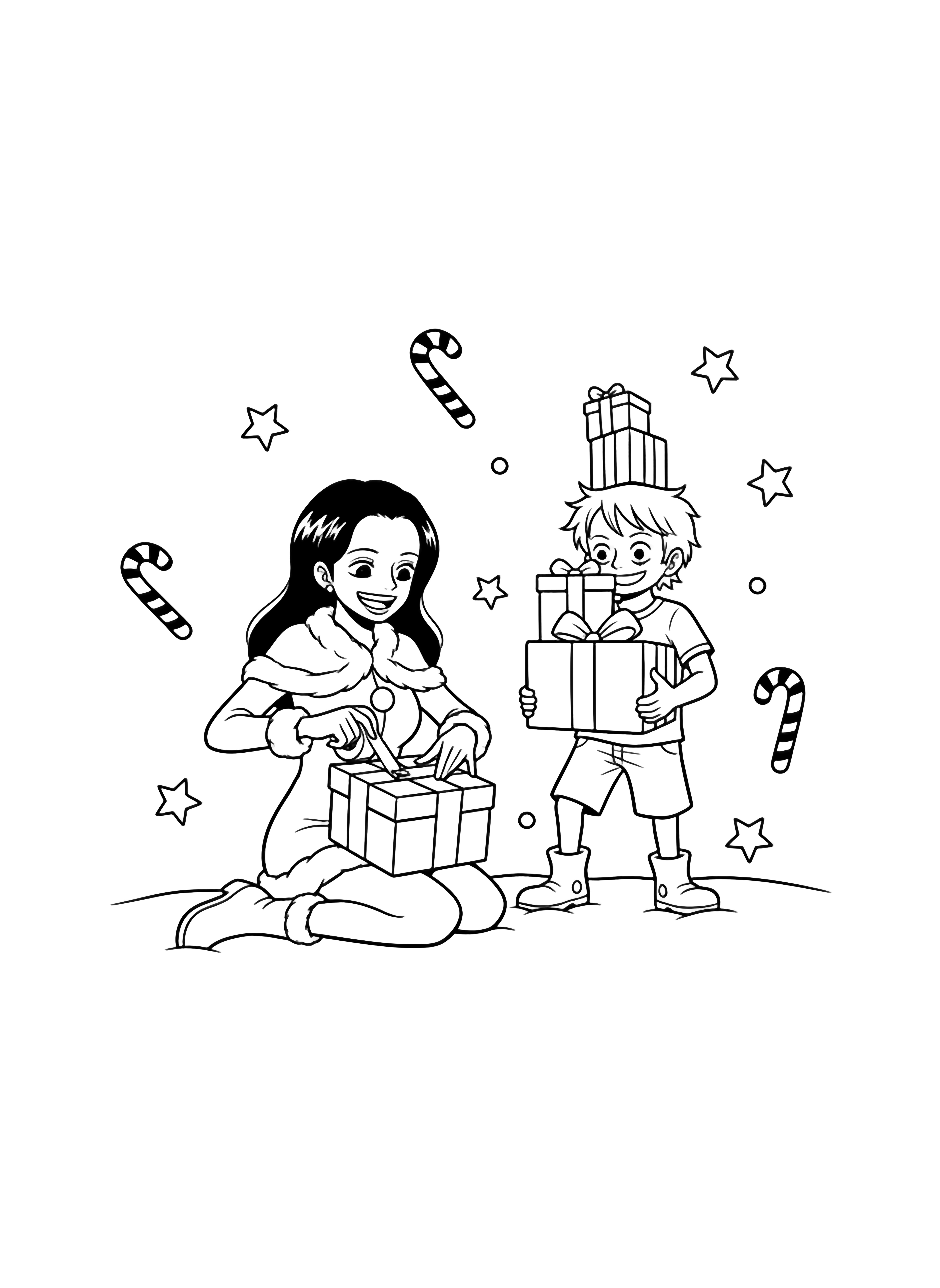Robin tapes a present while Franky holds wrapped boxes; candy canes and stars float around them on snowy ground. kleurplaat