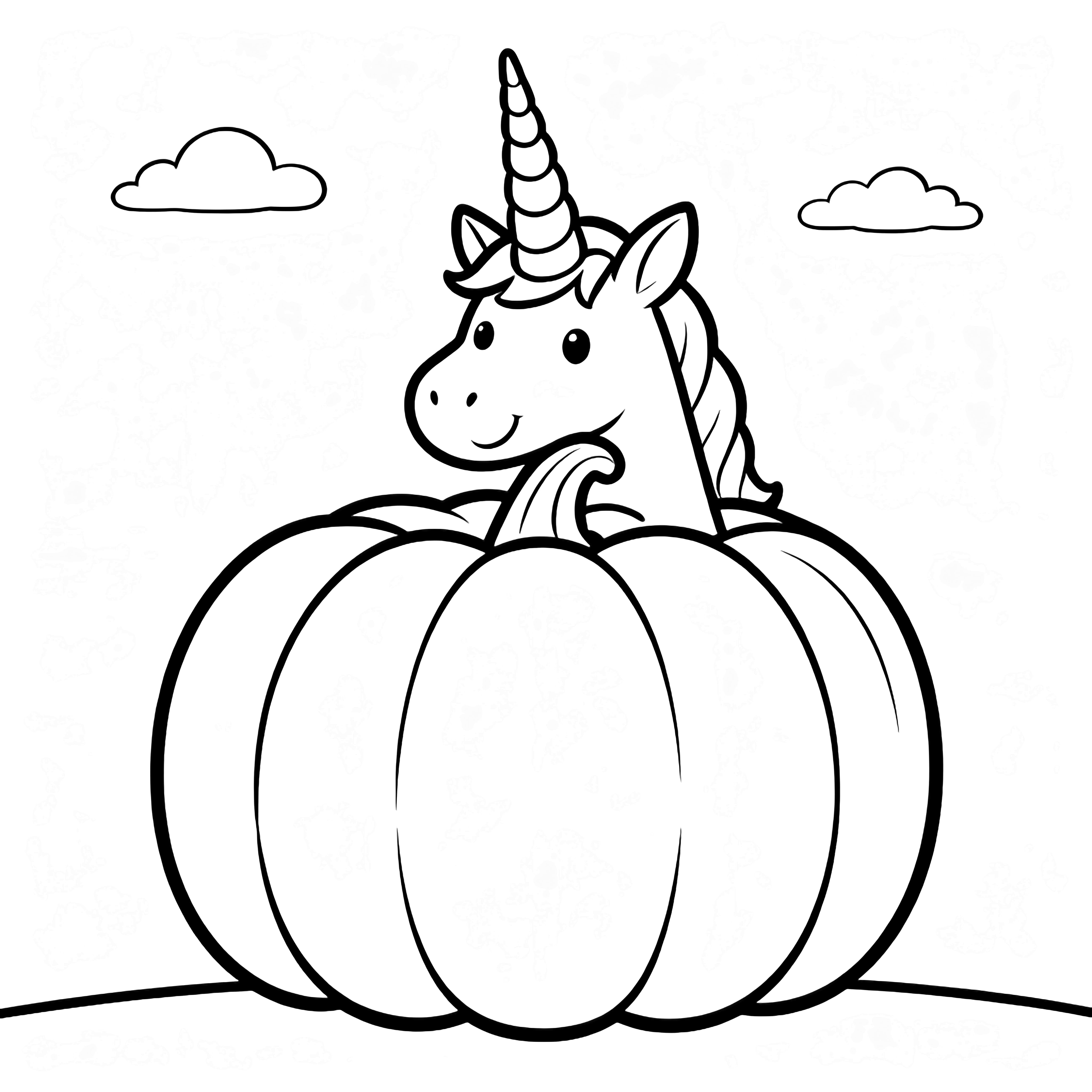 A smiling unicorn with a spiraling horn peeks from behind a large round pumpkin, tiny clouds above a simple ground line. kleurplaat