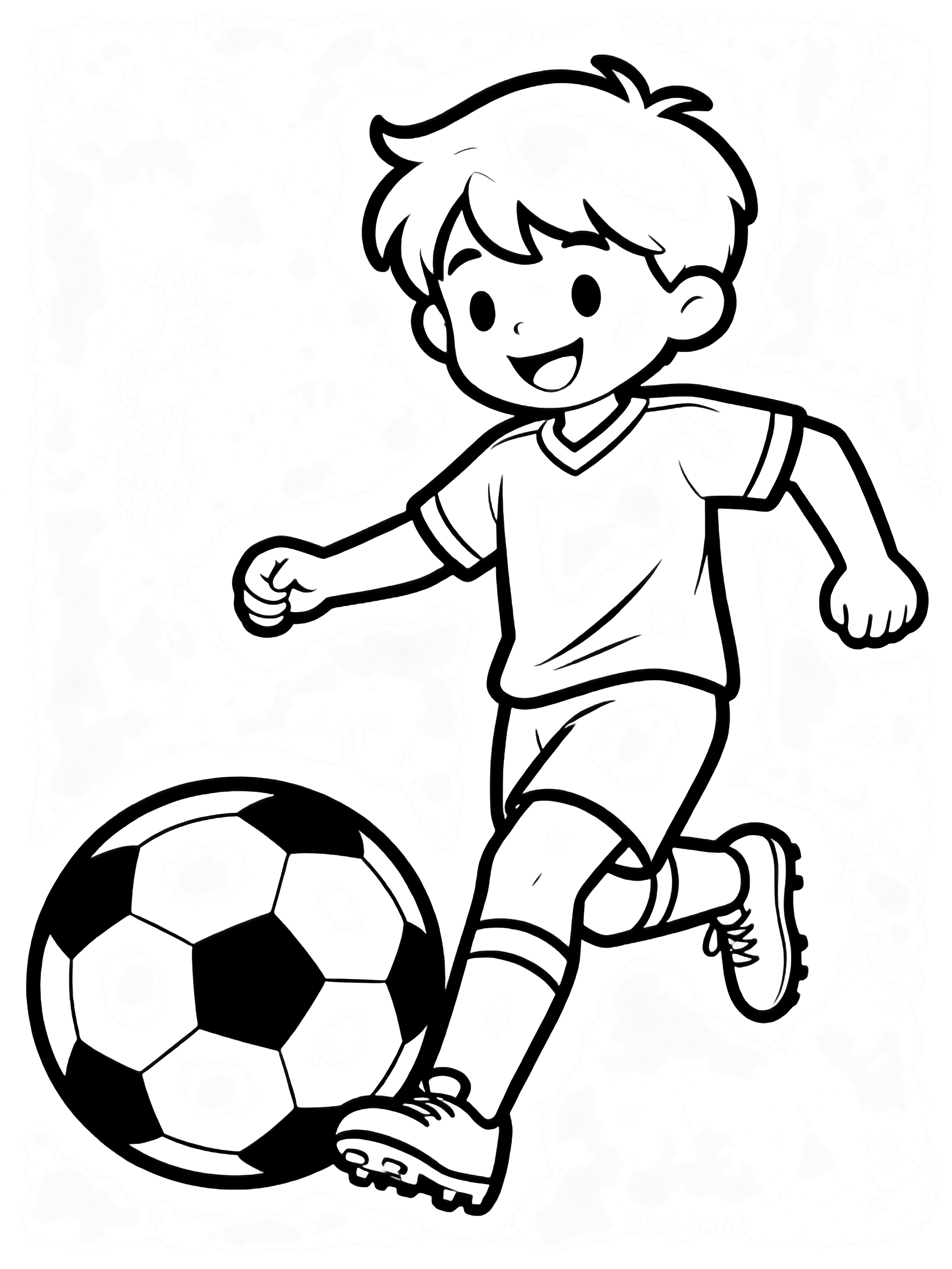 Smiling child with raised leg kicking a large soccer ball forward, wearing jersey, shorts, socks, and cleats. kleurplaat