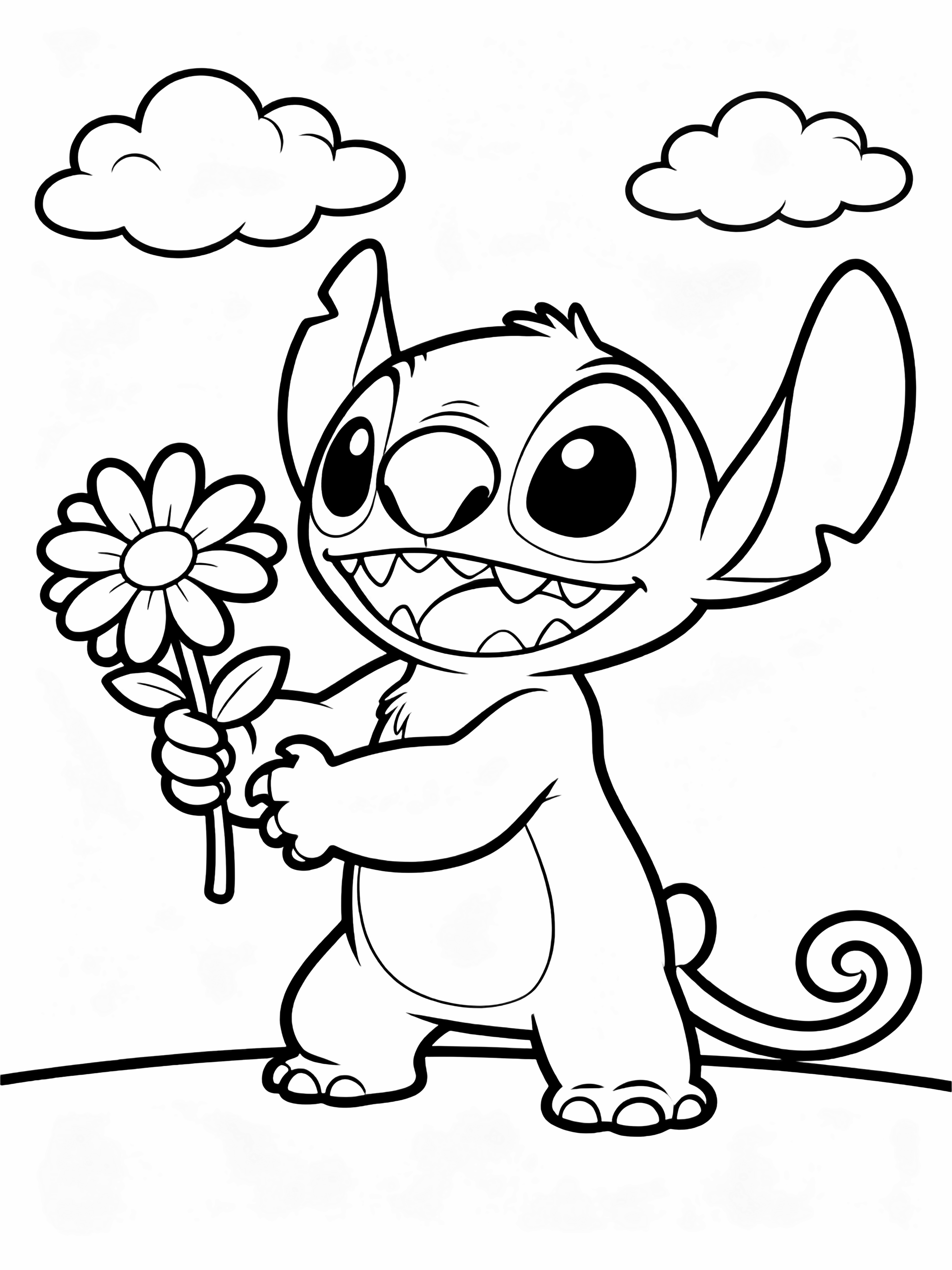 Stitch gecentreerd, grote ovale ogen, brede grijns, houdt een vijfpetalse madelief vast, simpele grondlijn, twee wollige wolken, staart krult achterom. kleurplaat