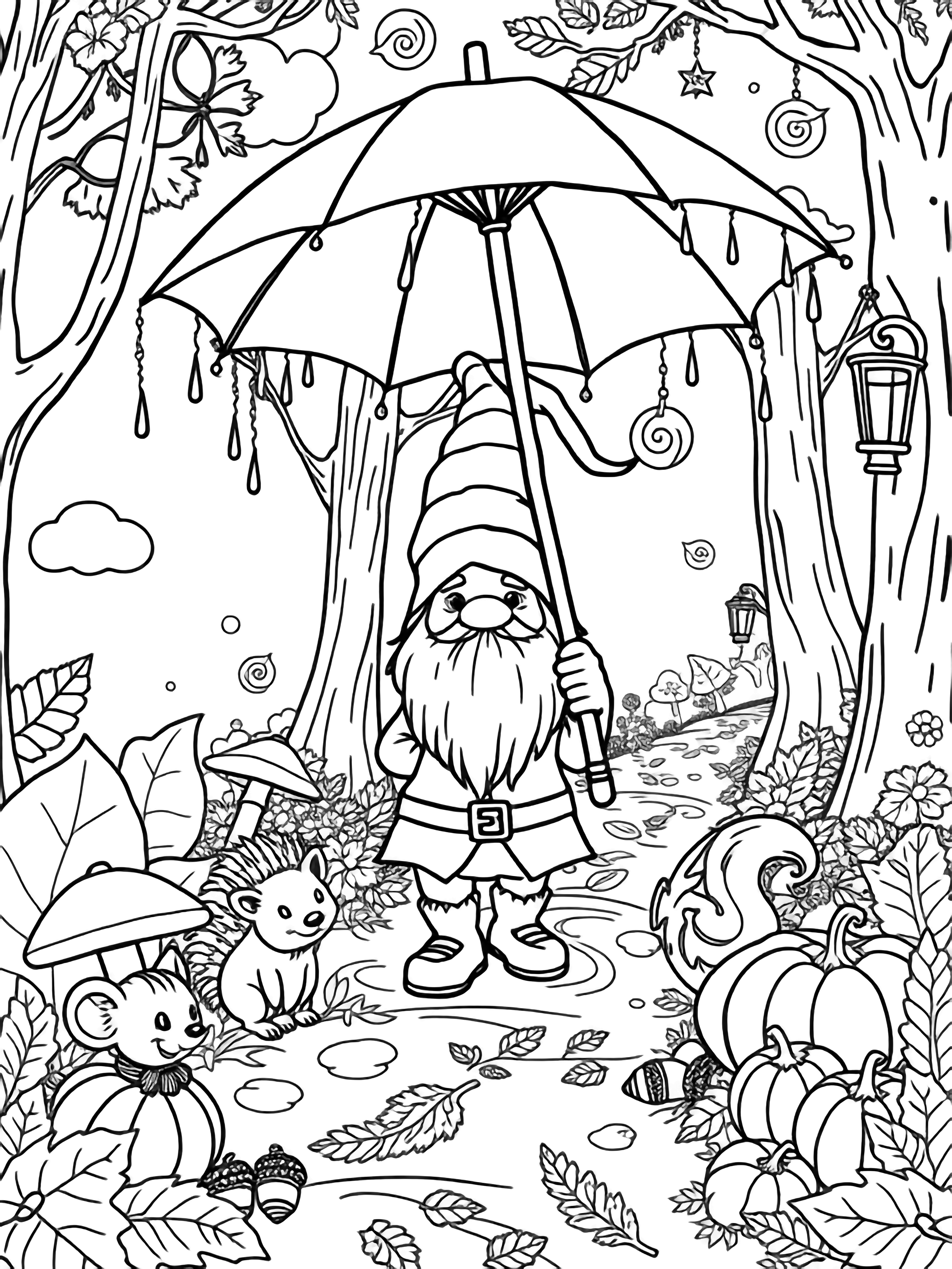 illustration on a A smiling gnome strolls beneath a big umbrella raindrops drifting down; beside him a hedgehog and squirrel carry acorns along a winding path of giant leaves mushrooms acorns and pumpkins encircled by tall trees hanging lanterns and swirling clouds all in bold black outlines clean black kleurplaat