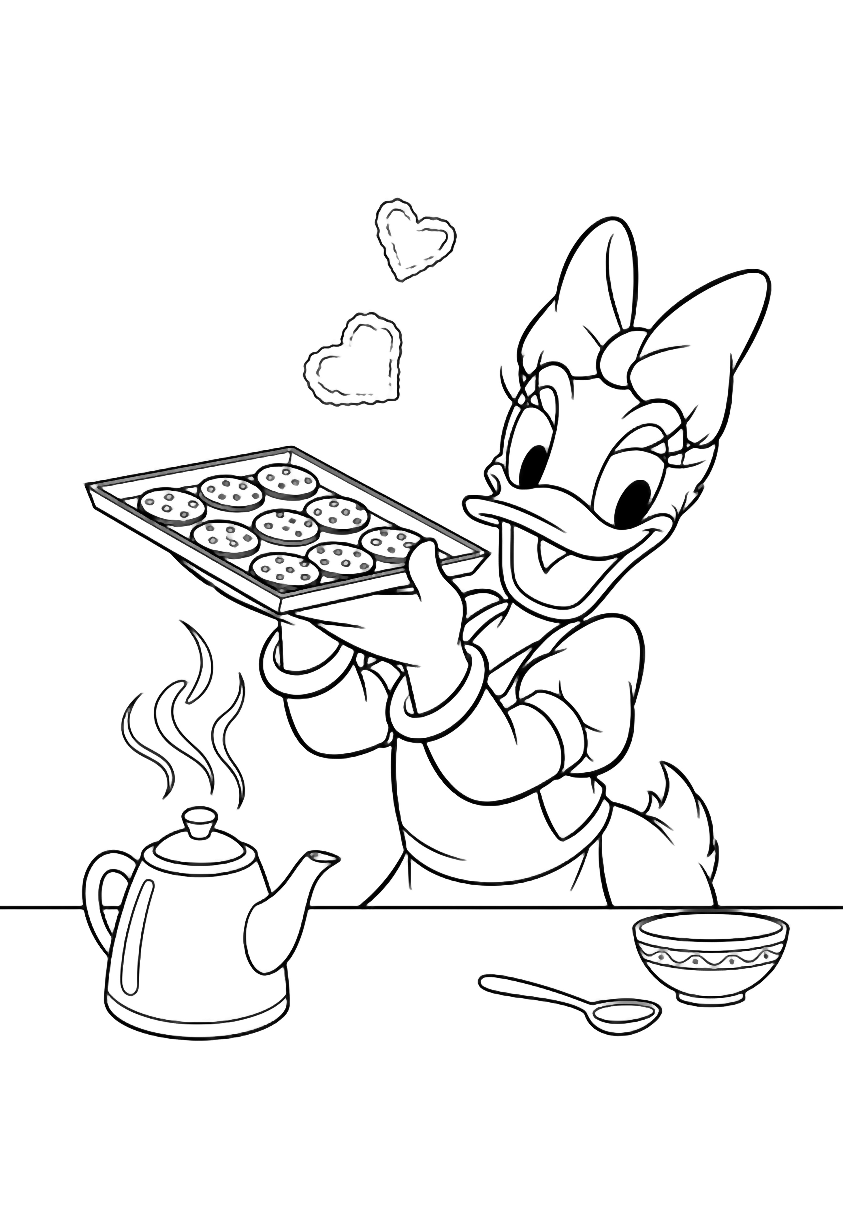 Daisy Duck happily lifts a tray of round cookies at a tidy kitchen counter, with teapot, bowl, spoon, steam curls, and heart-shaped flour puffs around her. kleurplaat