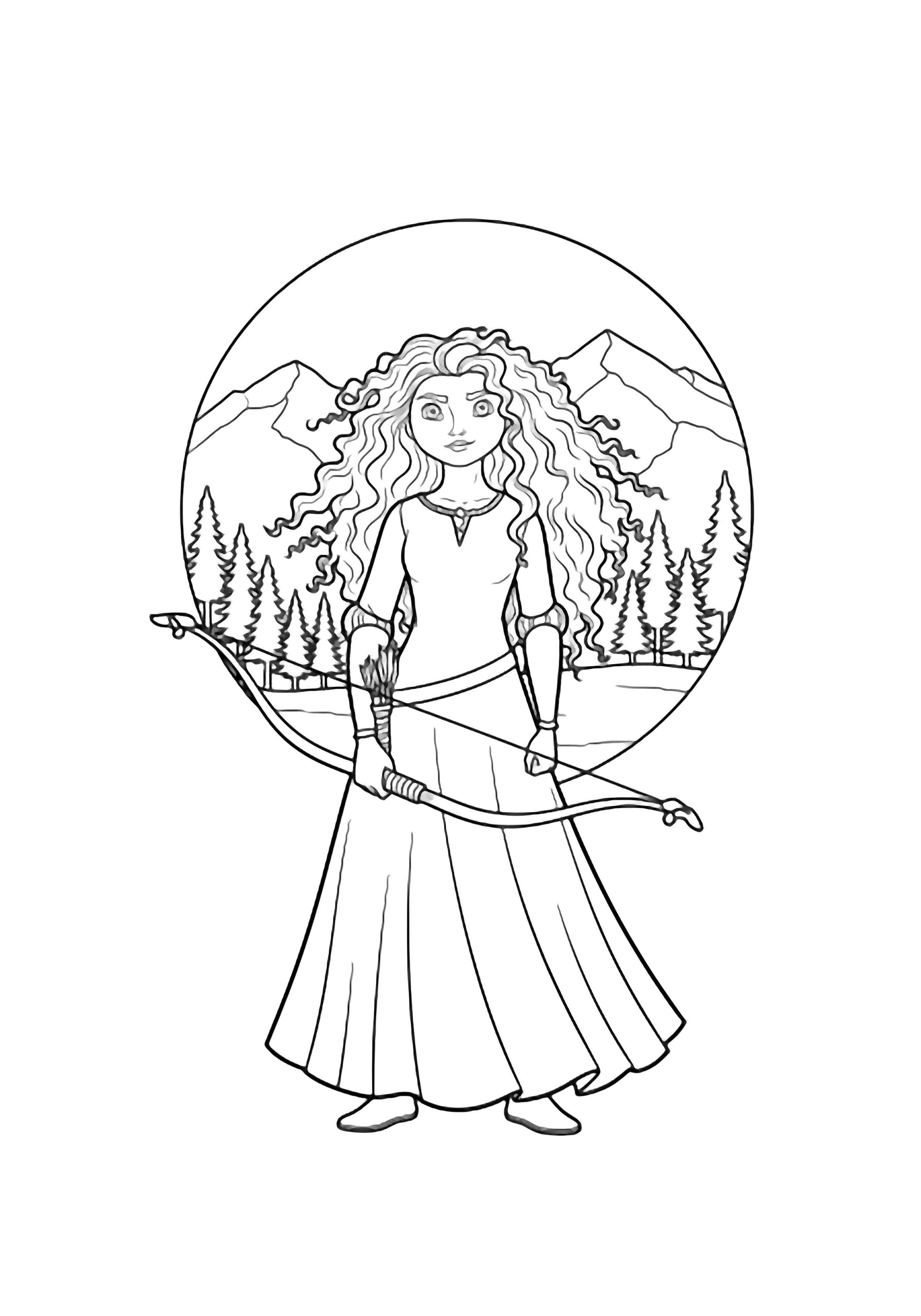 Merida stands with bow lowered, wild hair flowing, a simple forest circle behind her. kleurplaat