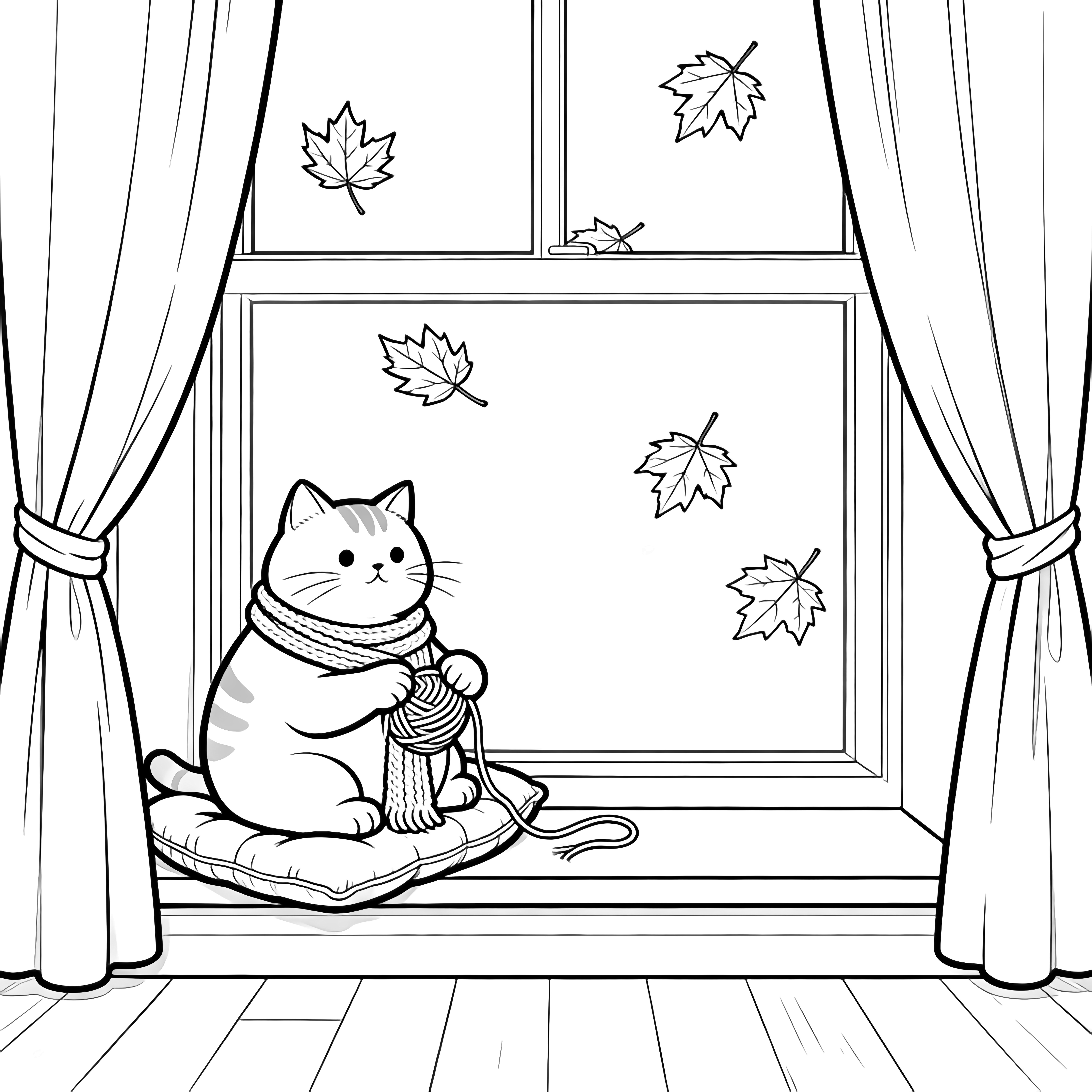 Plump cat on cushioned window seat loops yarn into scarf; six maple leaves drift past tied-back curtains, simple frame, bare floorboards. kleurplaat