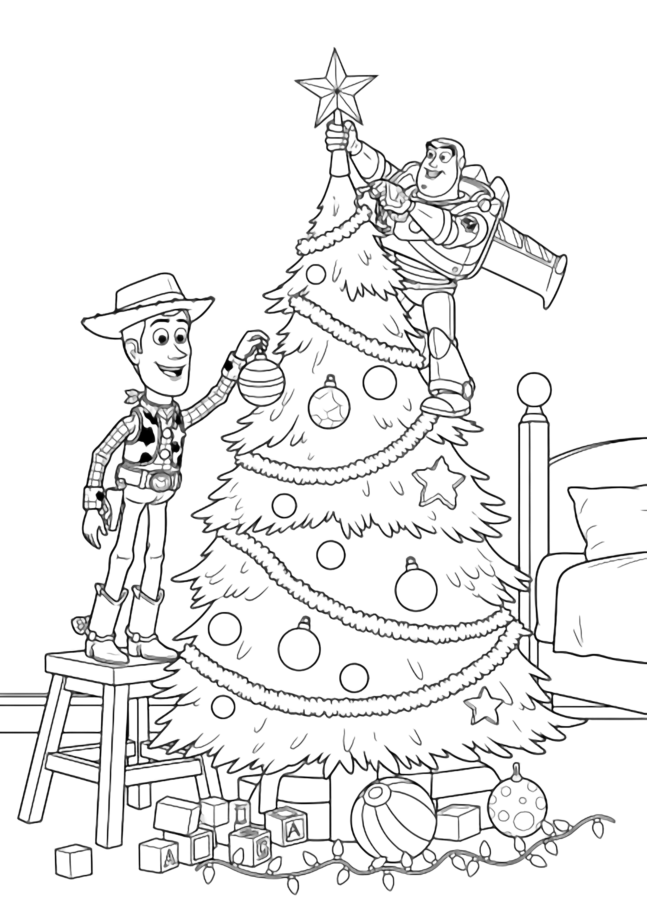 illustration on a Woody hangs an ornament while Buzz tops the Christmas tree; simple toy blocks a ball and string lights frame the joyful pair in a plain bedroom all in bold black outlines ready for clean black kleurplaat