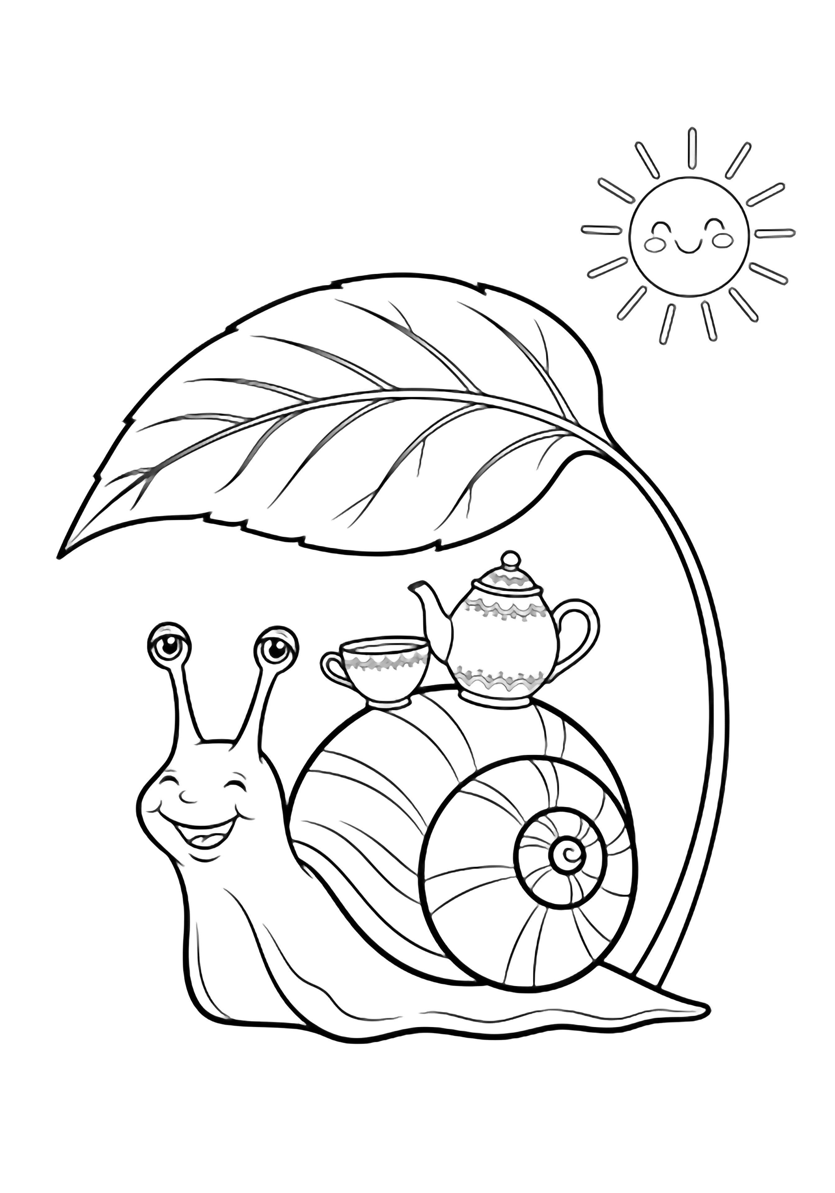 A smiling snail carries a tiny teapot and cup on its shell, framed by a large leaf under a cheerful sun. kleurplaat