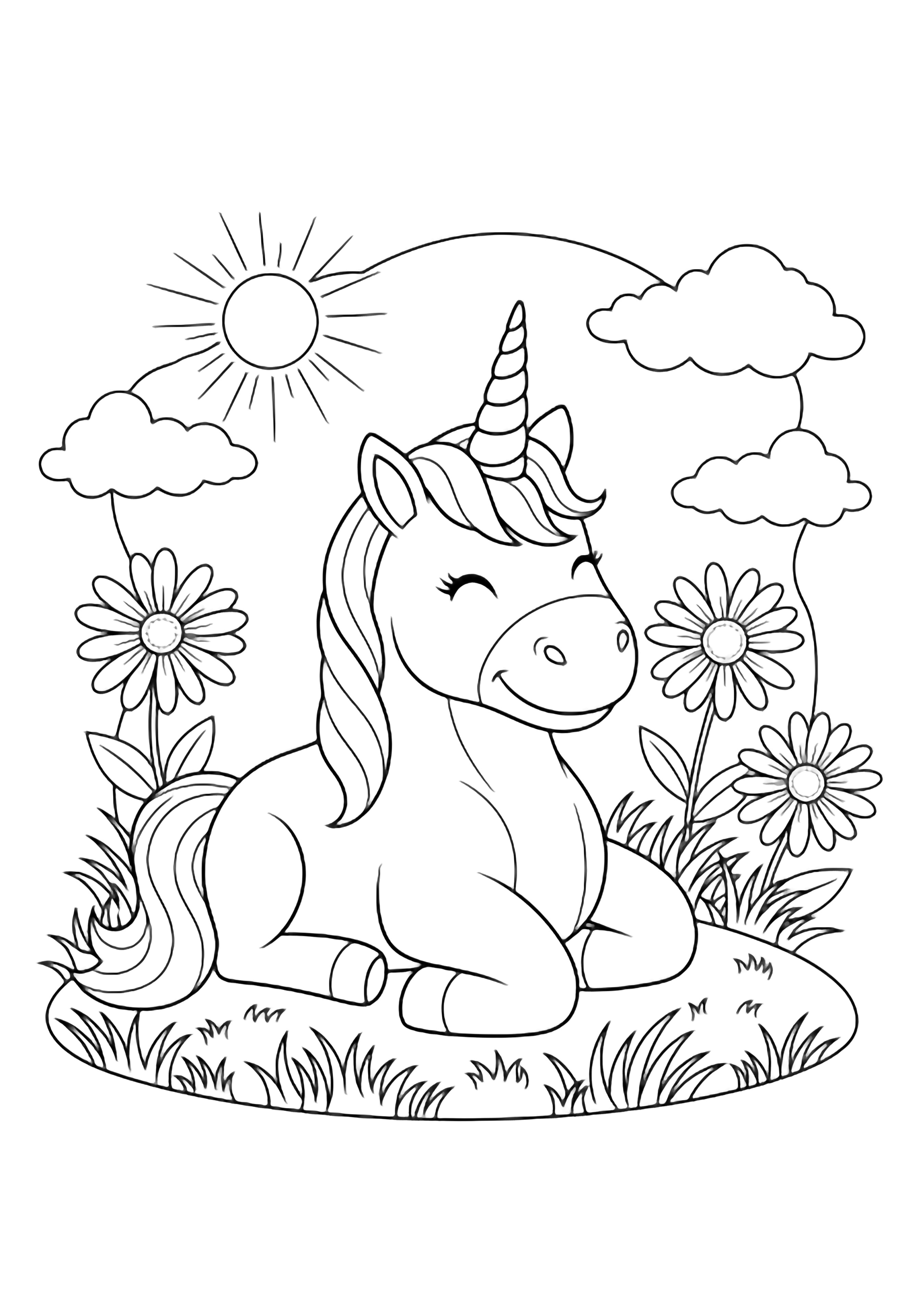 A smiling unicorn lounges on tufted grass, horn skyward, ringed by three daisy-like flowers, beneath a simple sun and puffy clouds. kleurplaat