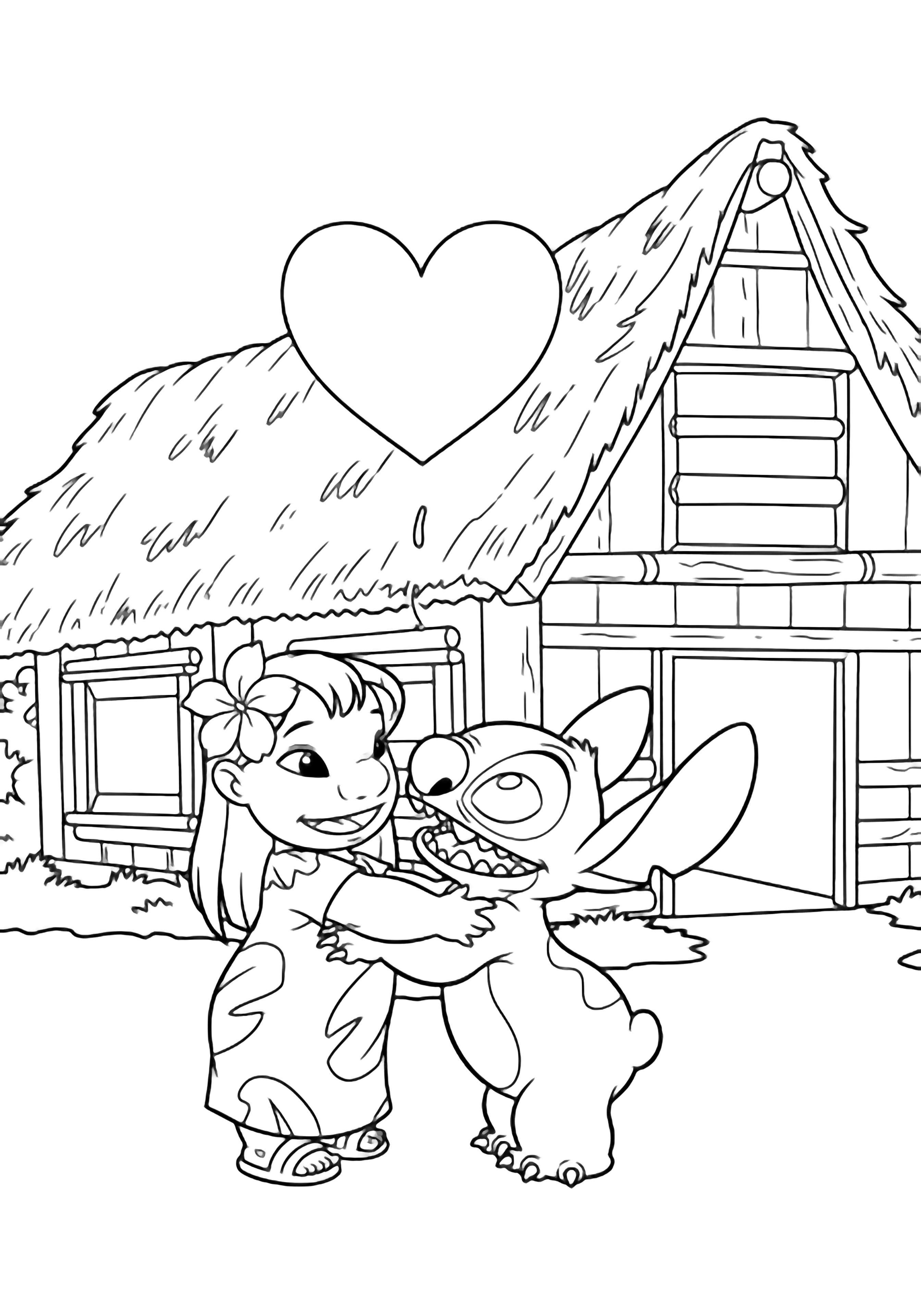 illustration on a Lilo standing on tiptoe wraps her arms around Stitch; above them a large heart outline floats while their simple Hawaiian house with blank windows frames the scene all in bold black outlines on white clean black kleurplaat