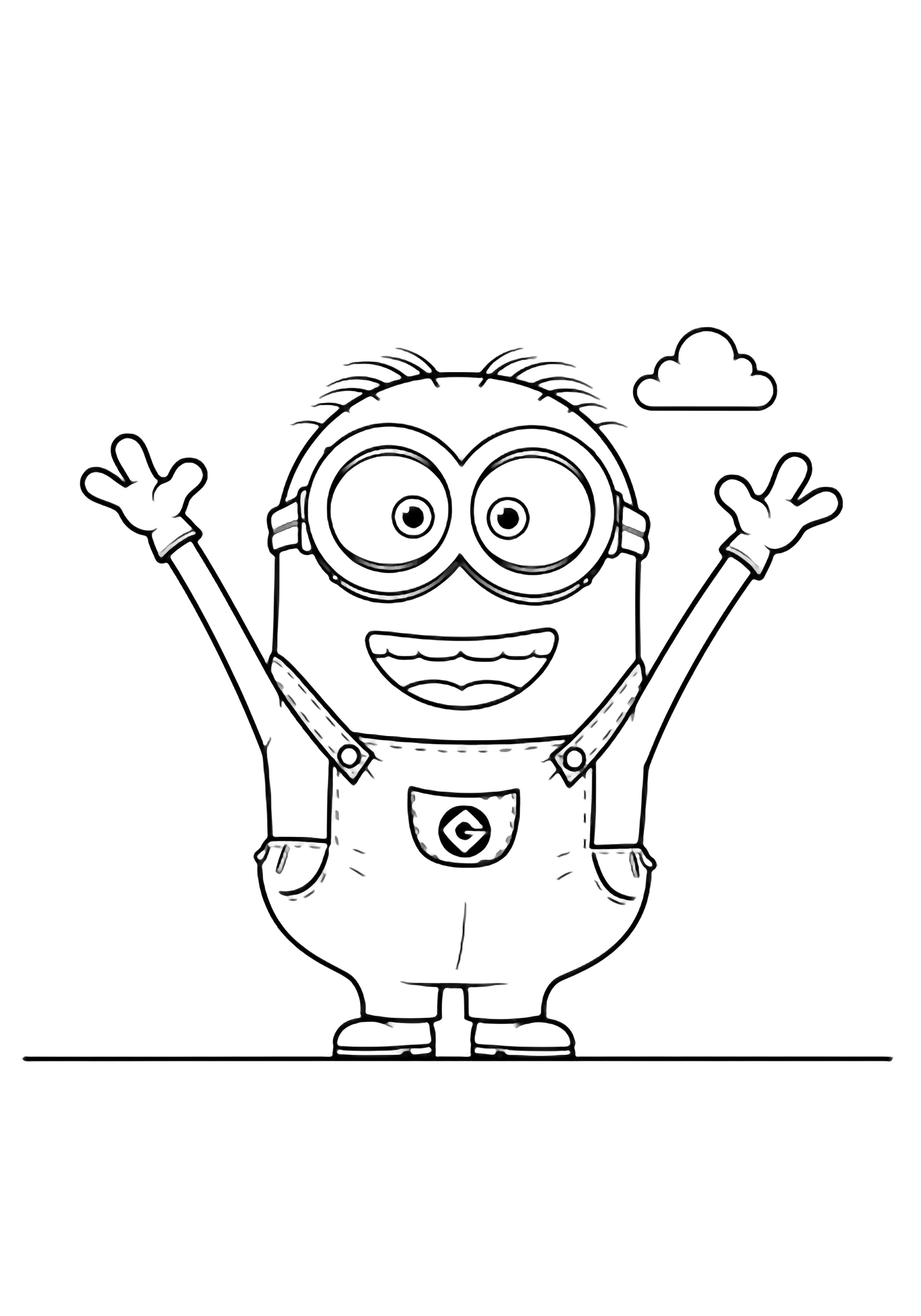 A joyful Minion raises its arms, palms up, grinning beneath goggles and overalls, with a small cloud above a simple ground line. kleurplaat