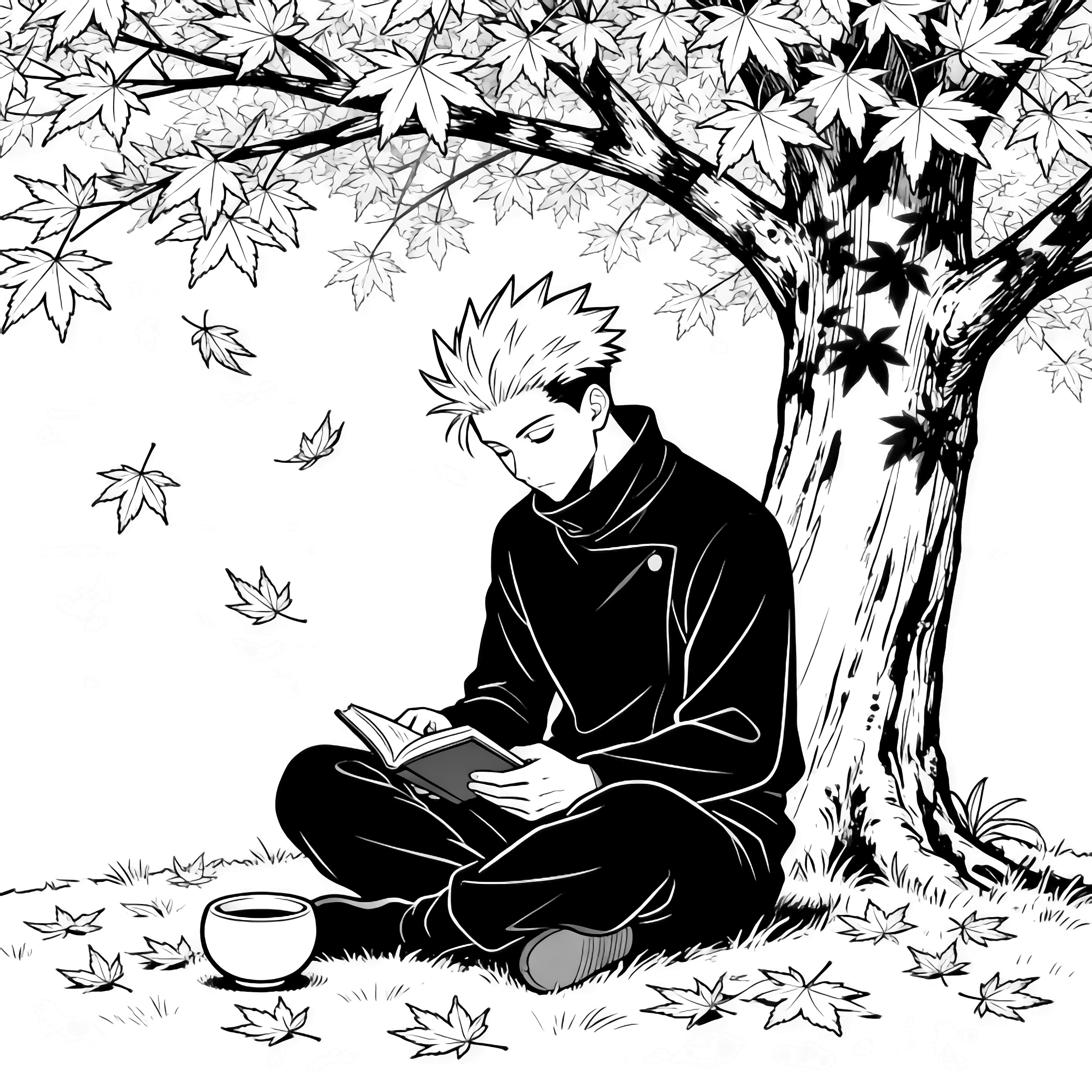 Gojo sits cross-legged beneath a maple tree, head bowed over a small book; a teacup rests near his knee while drifting maple leaves circle around him. kleurplaat