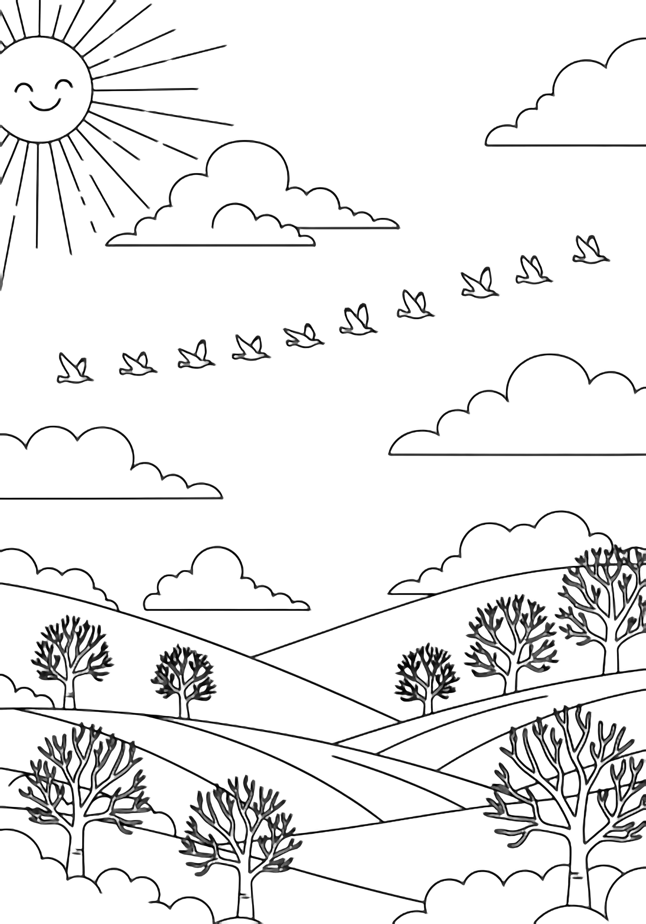 Birds flying in a V-formation over rolling hills with bare trees, clouds, and a smiling sun above. kleurplaat