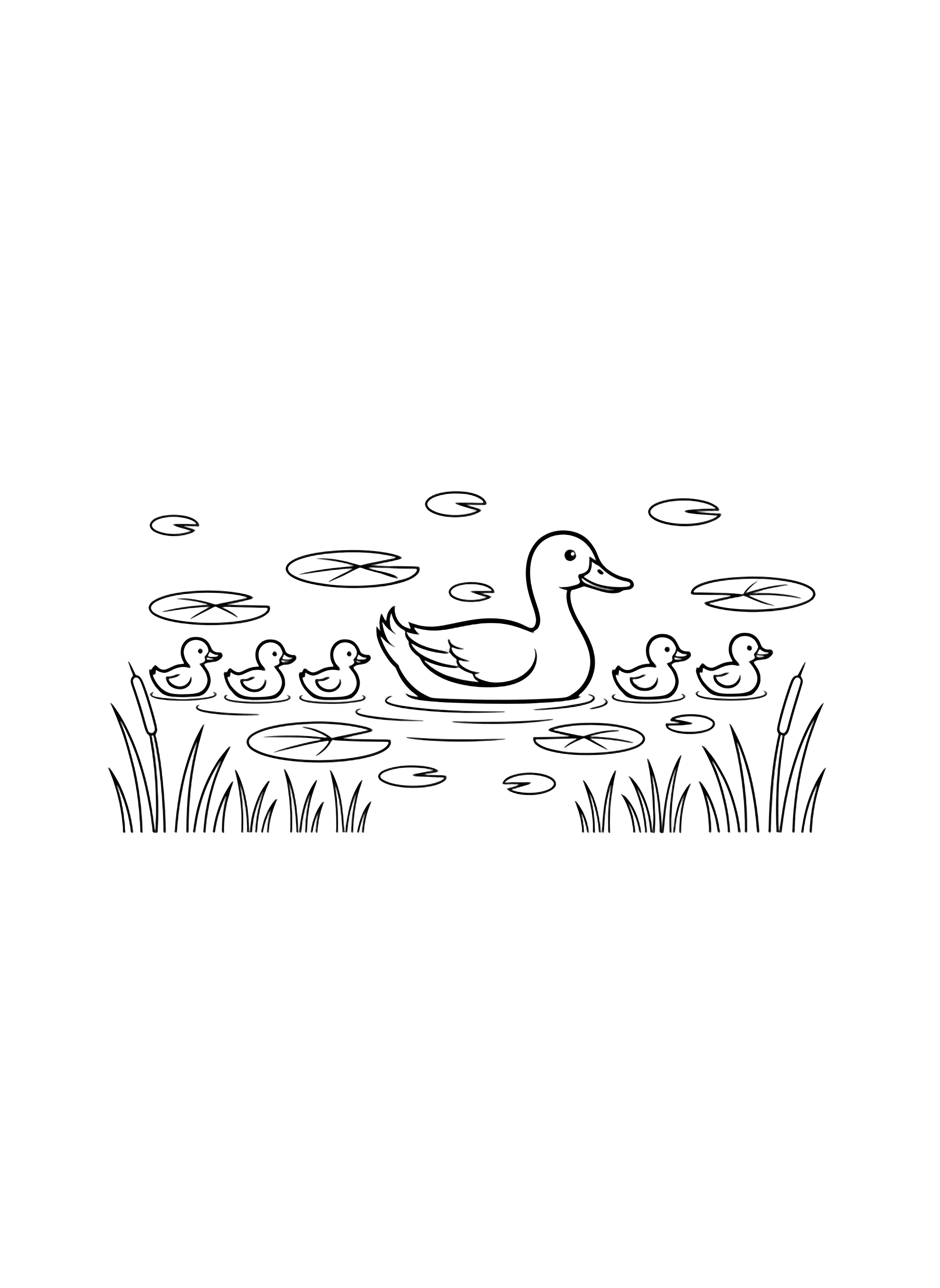 Mother duck gliding across a pond with four ducklings, lily pads, drifting leaves, and a line of reeds at the edge. kleurplaat
