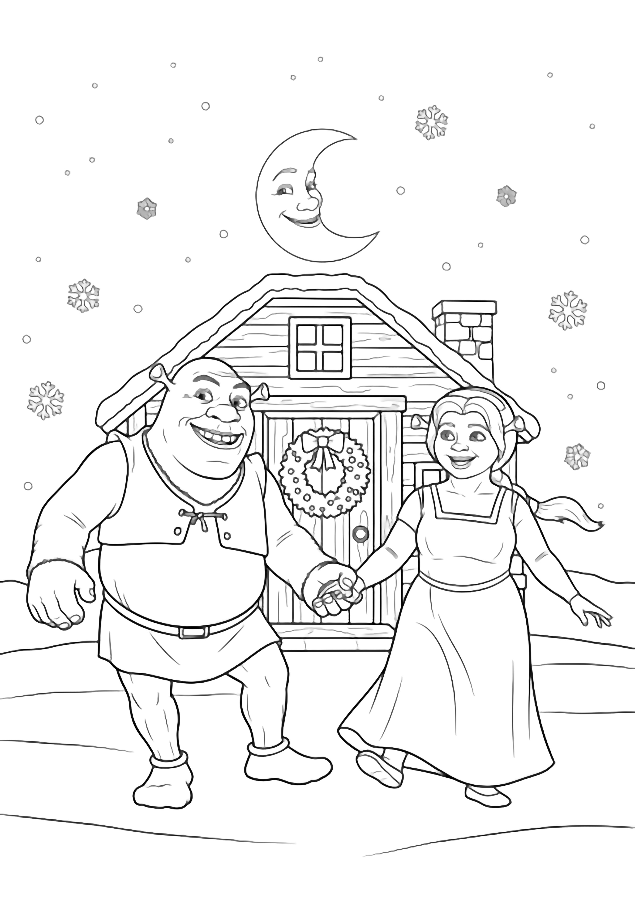 illustration on a Fiona and Shrek waltz happily in the center holding hands; simple wooden cottage behind with large open wreath on door bare ground light snowflake outlines drifting smiling moon above all in bold black outlines on white clean black kleurplaat