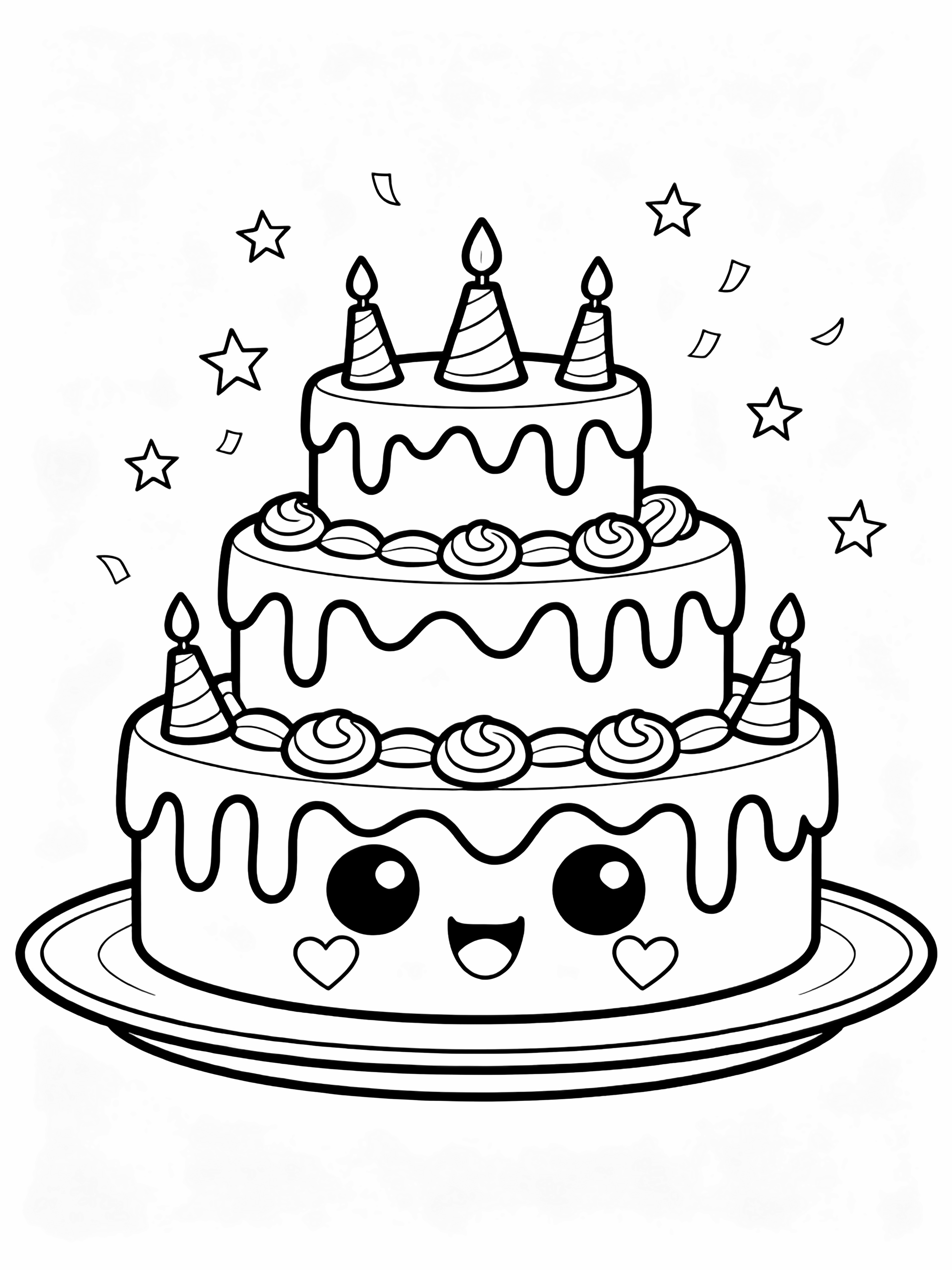 Kawaii three-tier birthday cake with wide happy eyes, cheek hearts, icing drips, tiny candle hats, drifting star confetti, on a simple plate. kleurplaat