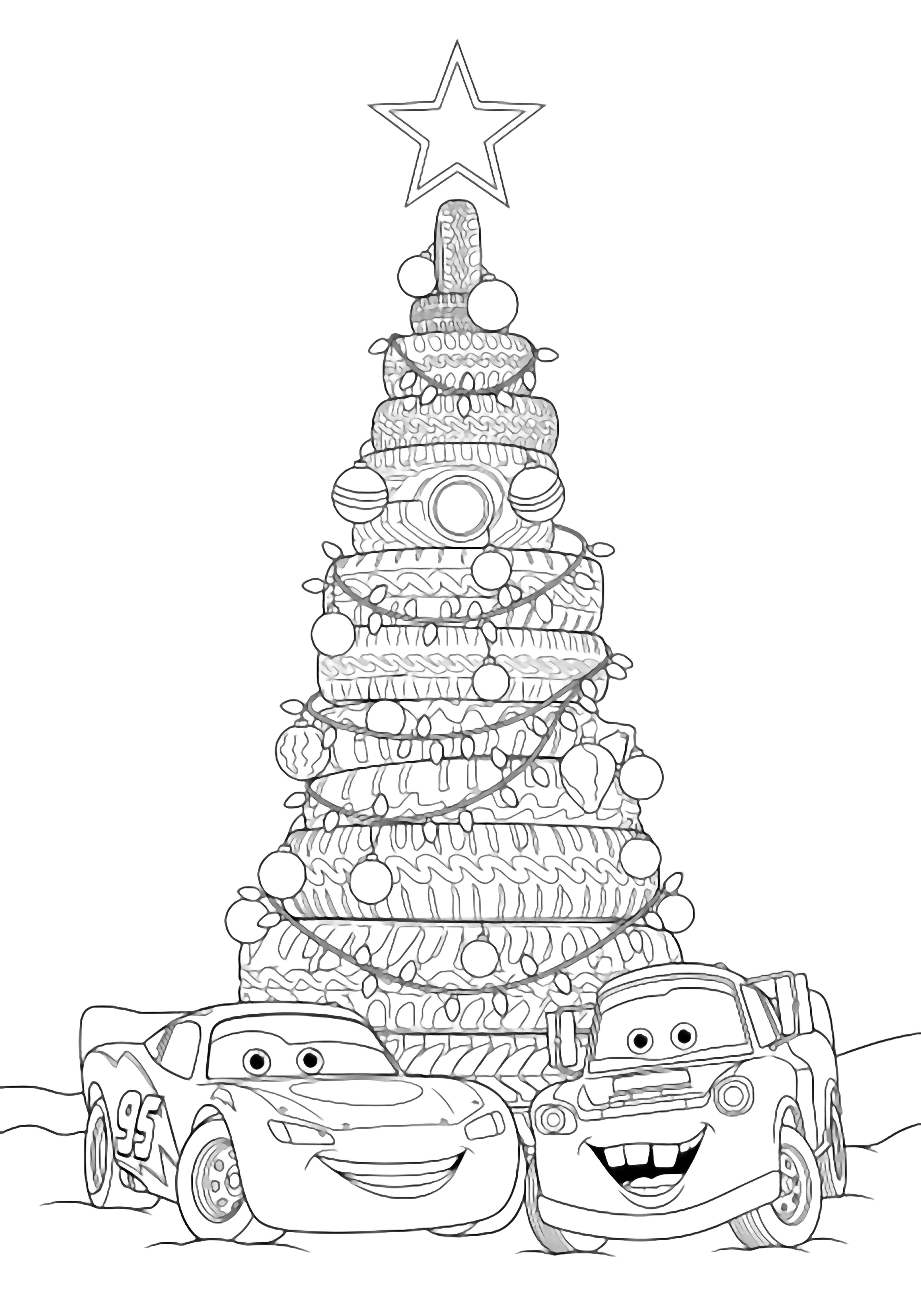 Lightning McQueen and Mater grin beside a giant tire-stack Christmas tree strung with lights and ornaments; simple snow ground and star above. kleurplaat