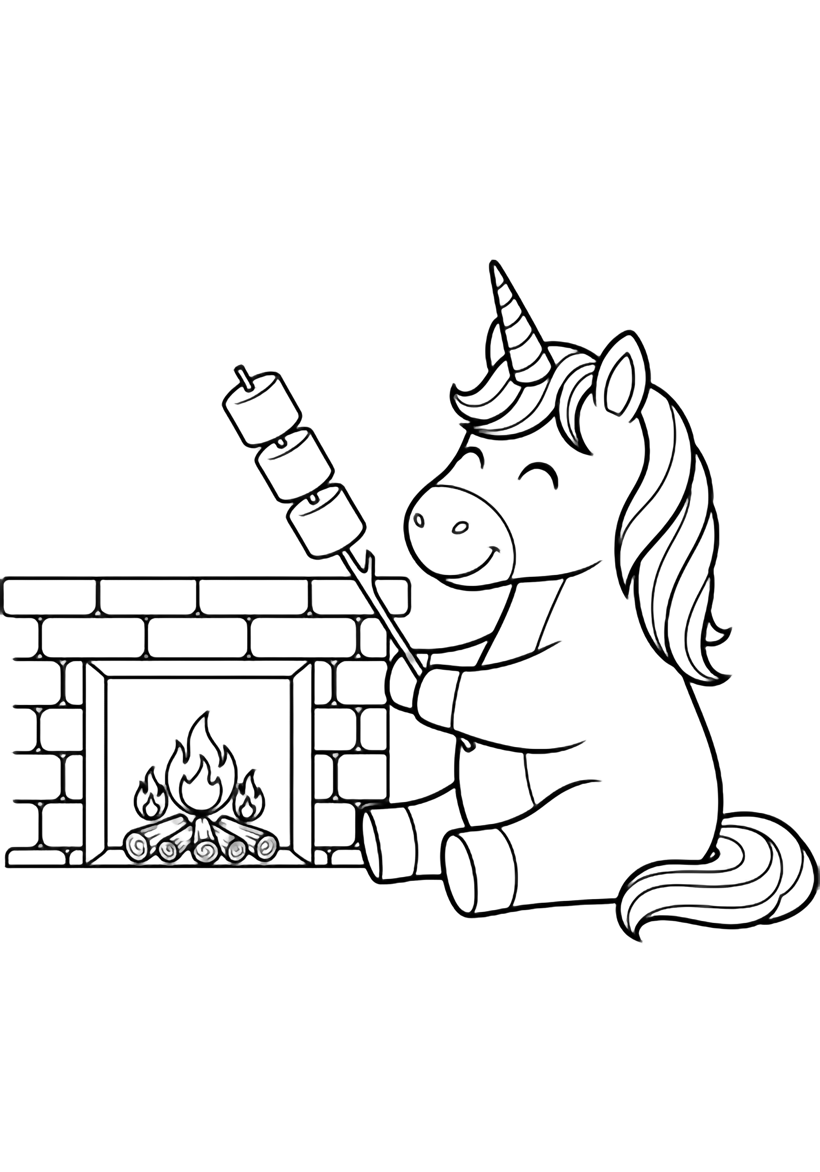 A happy unicorn sits by a brick fireplace, roasting marshmallows on a stick over a small fire. kleurplaat