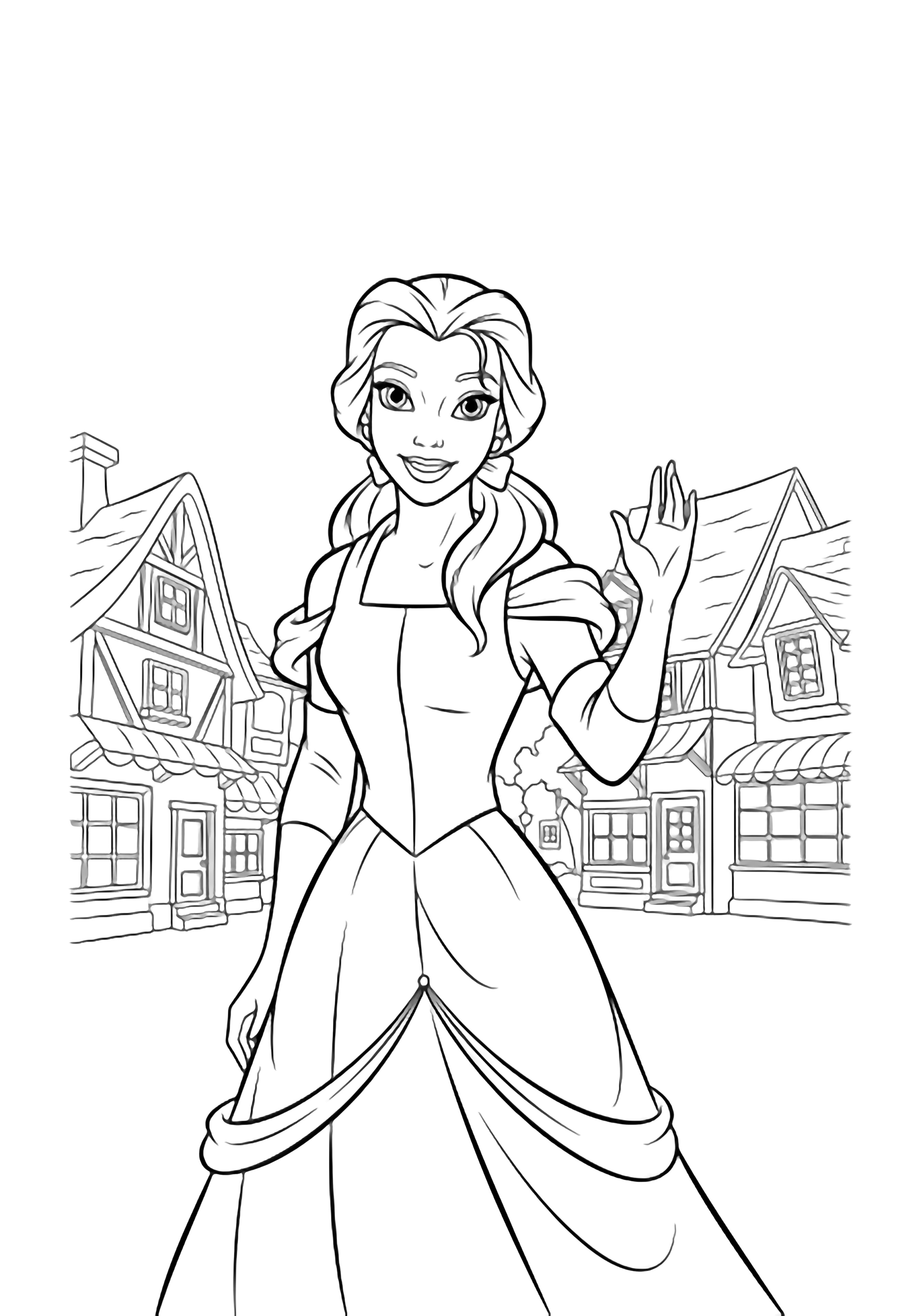 Belle stands smiling and waving, hair half-up, long dress flowing; simple village shop outlines behind. kleurplaat