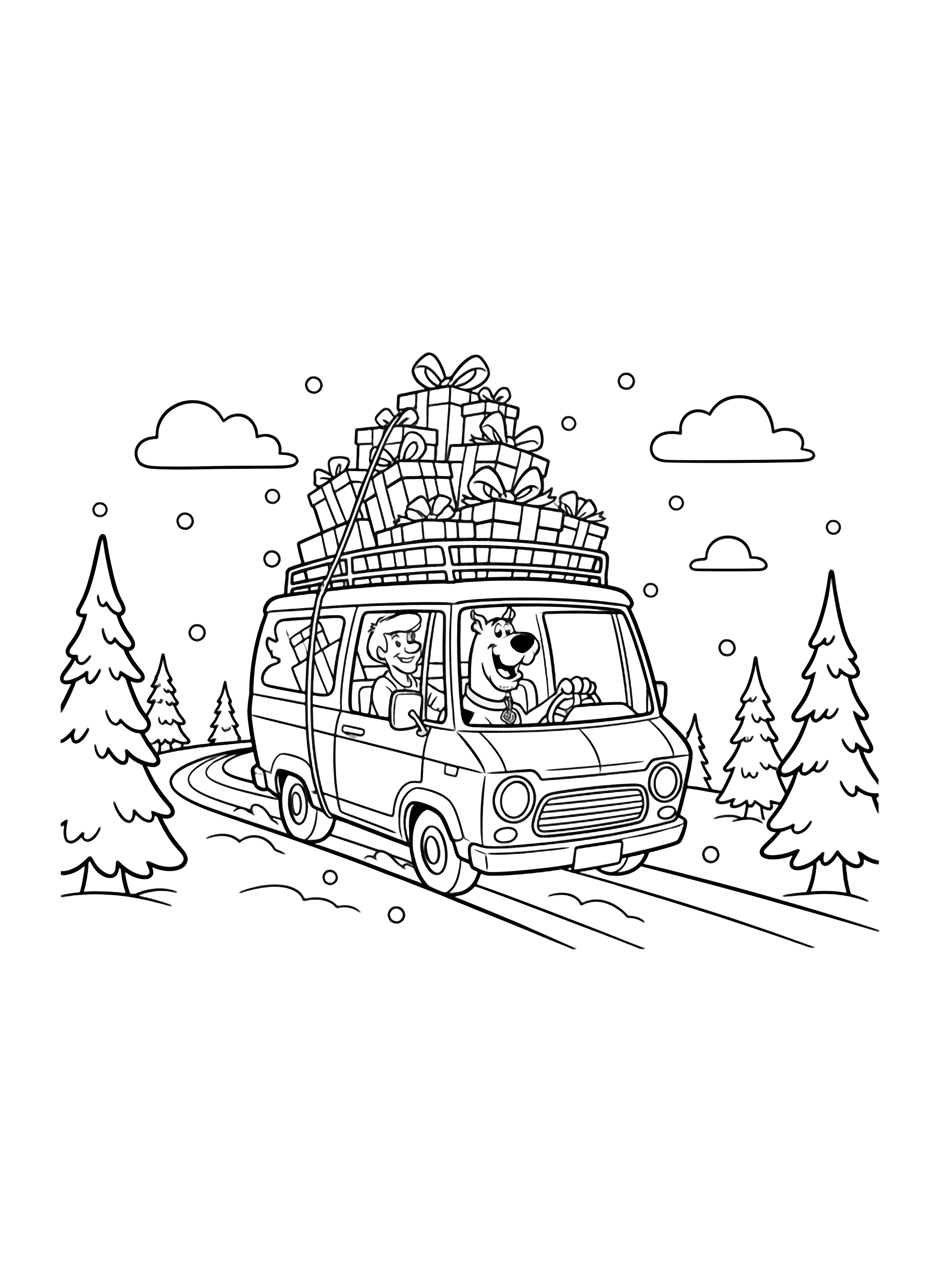 illustration on a Scooby Doo grins from the driver's seat of the boxy Mystery Machine stacked with ribbon tied presents rolling along a winding snowy road beneath simple snow laced pine silhouettes all in bold clean colorable outlines clean black kleurplaat