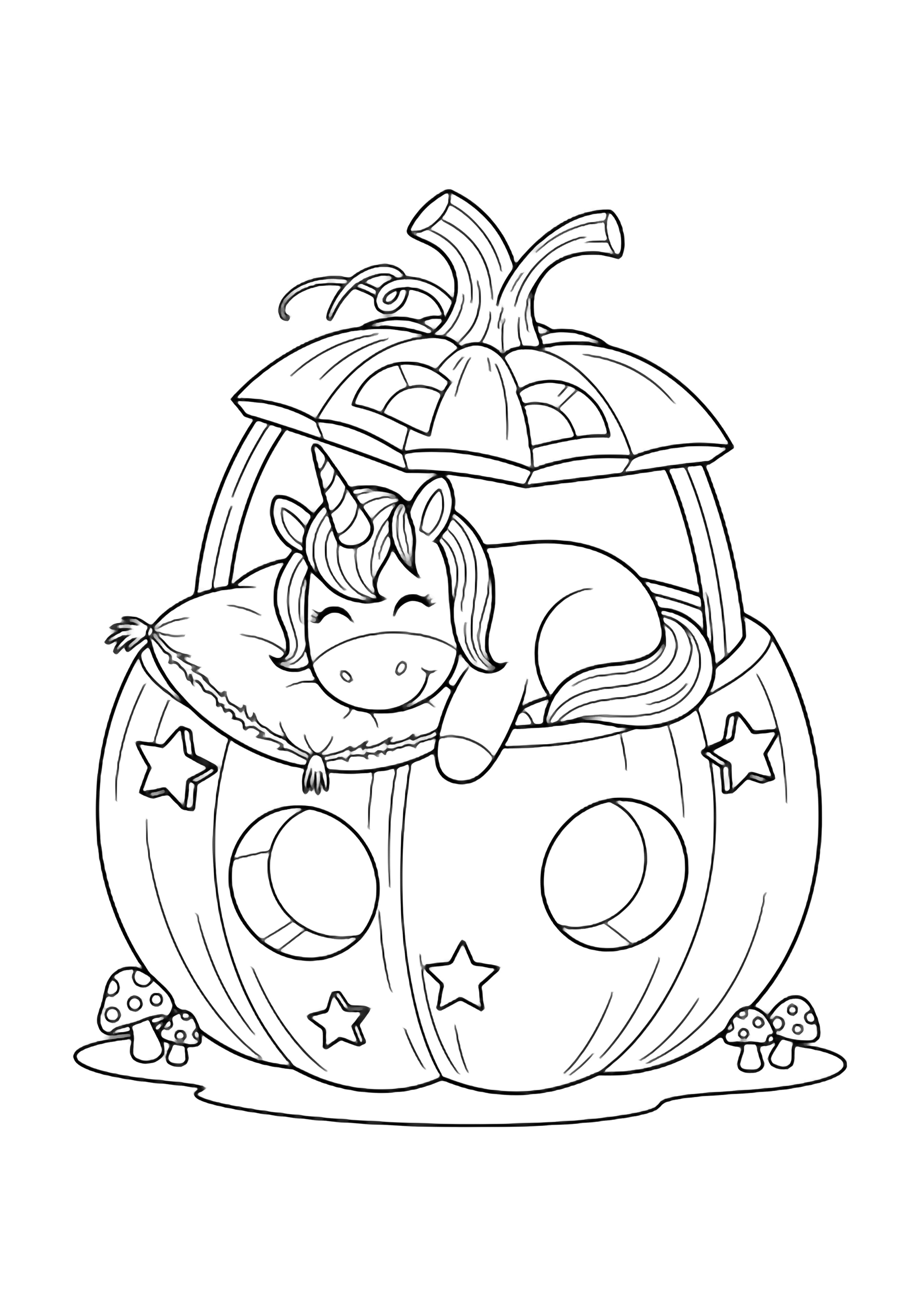 A smiling unicorn naps inside a giant jack-o'-lantern, resting its head on a hay pillow; two tiny mushrooms grow nearby. kleurplaat