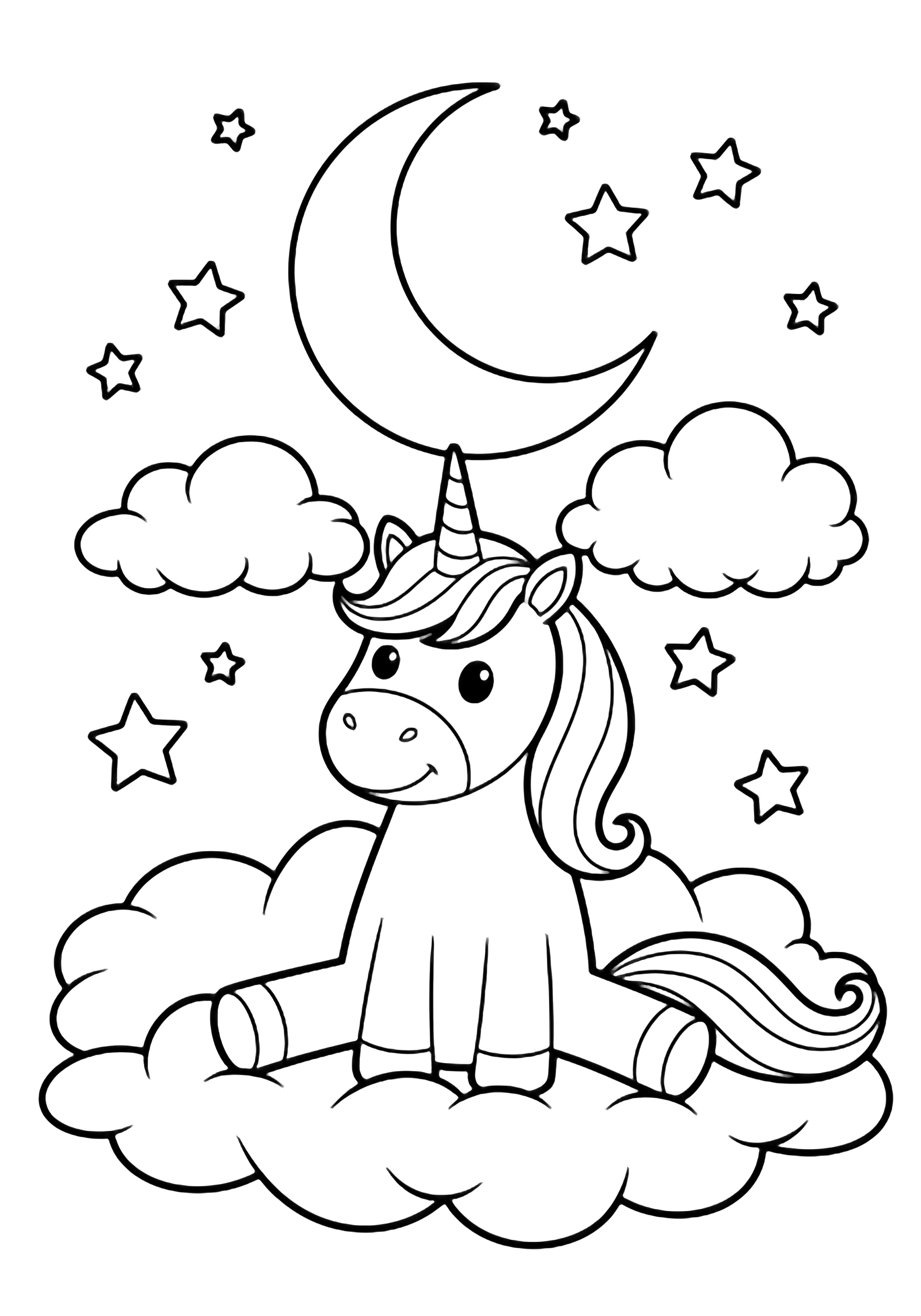 A smiling unicorn sits on fluffy clouds beneath a crescent moon, with simple stars scattered around. kleurplaat
