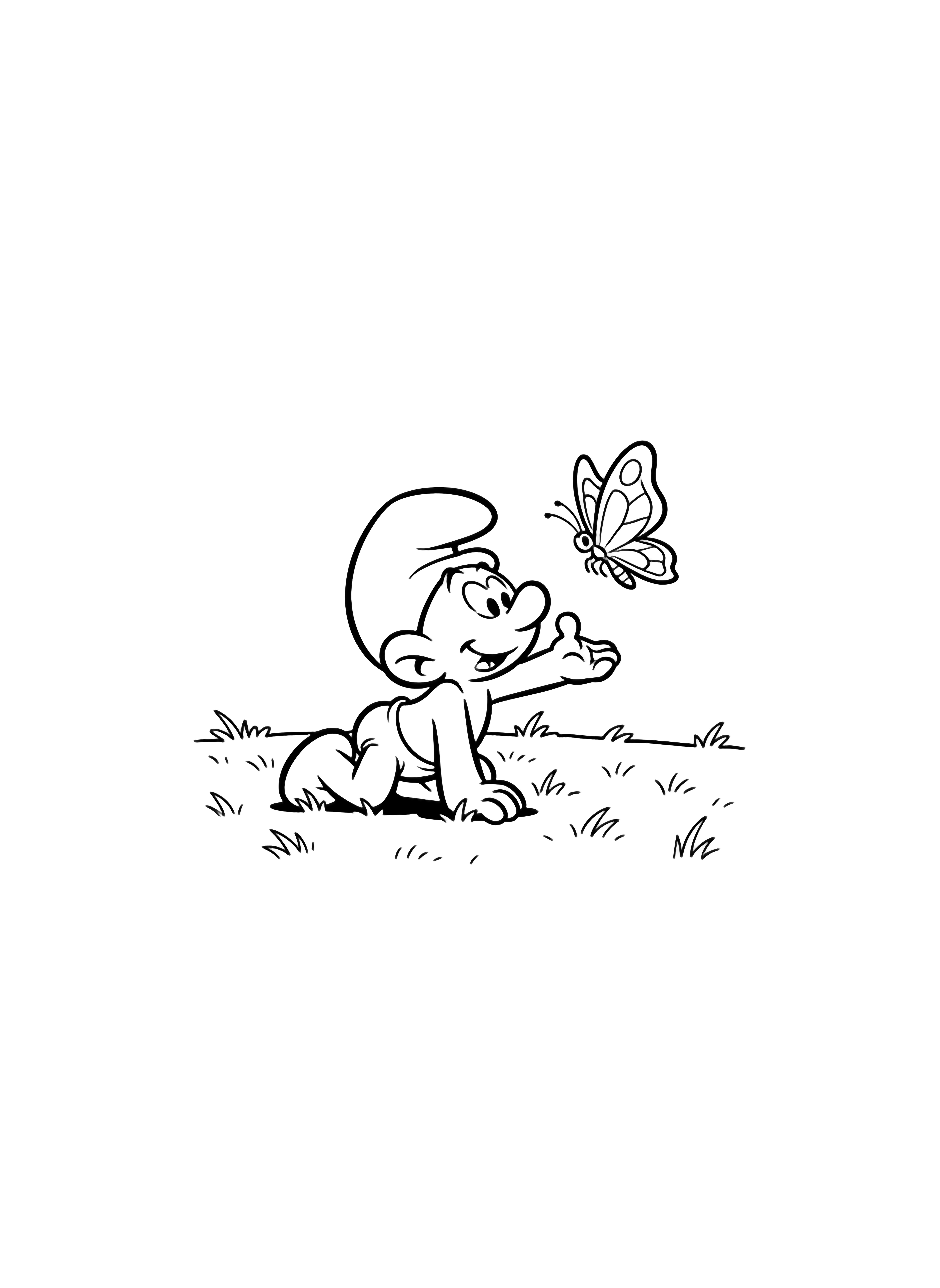Baby Smurf crawls across a grassy field, one tiny hand reaching toward a large butterfly floating above. kleurplaat