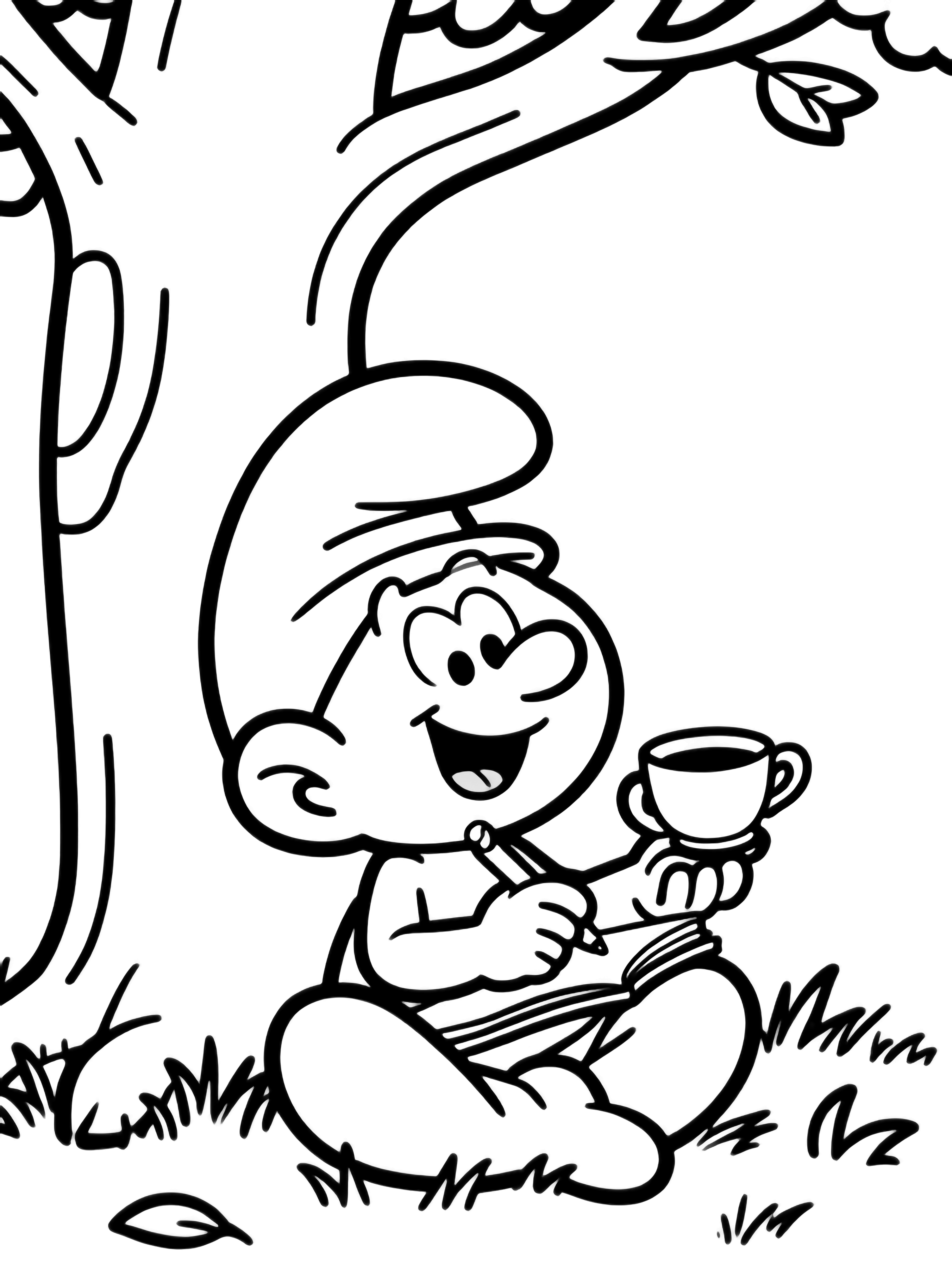 Brainy Smurf sits cross-legged under a big smooth tree, holding a teacup and notebook, smiling while he writes; grass and a few leaves surround him. kleurplaat