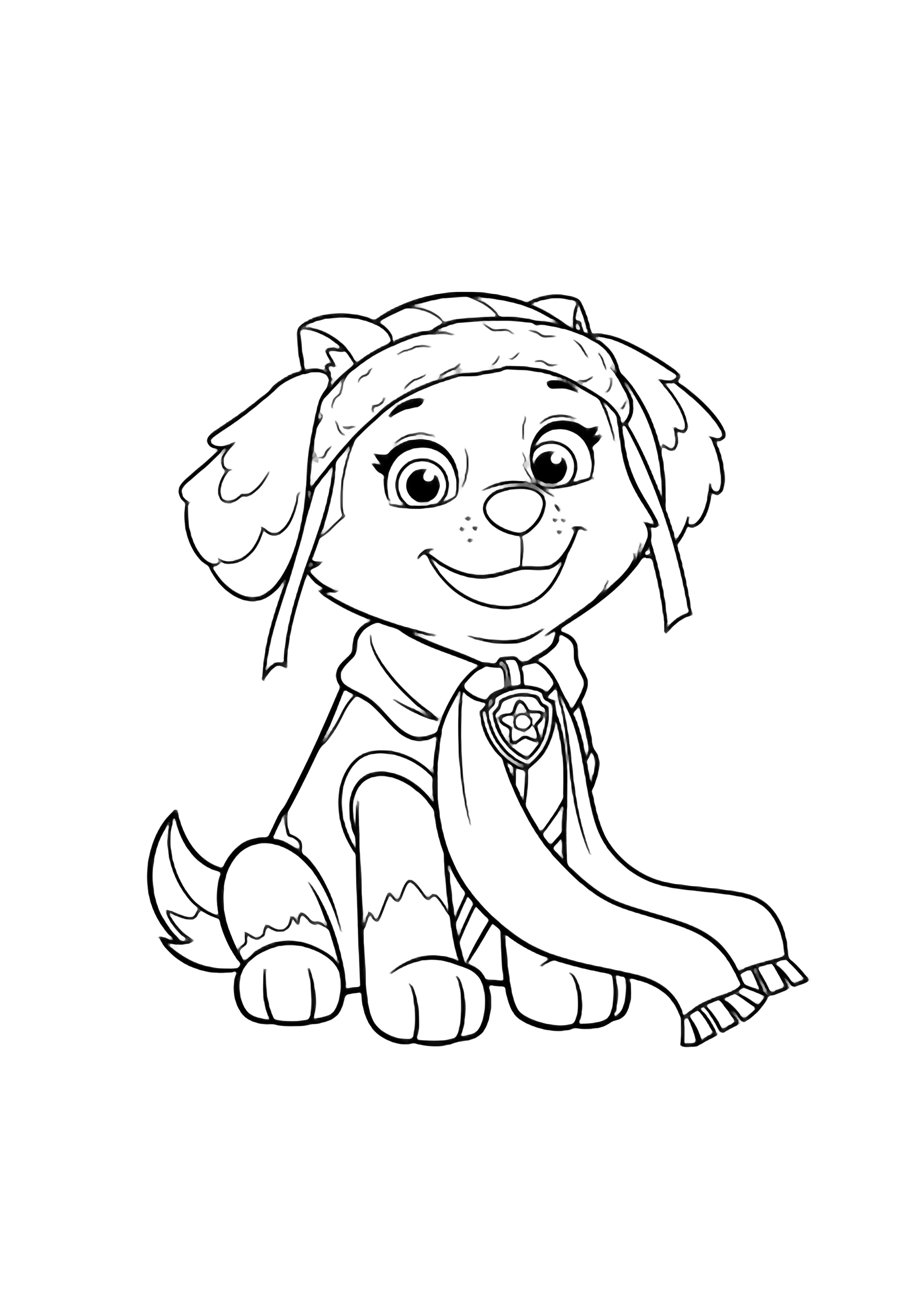 Everest the pup sits happily, ears perked and tail curled, wearing an open scarf that drapes beside her. kleurplaat