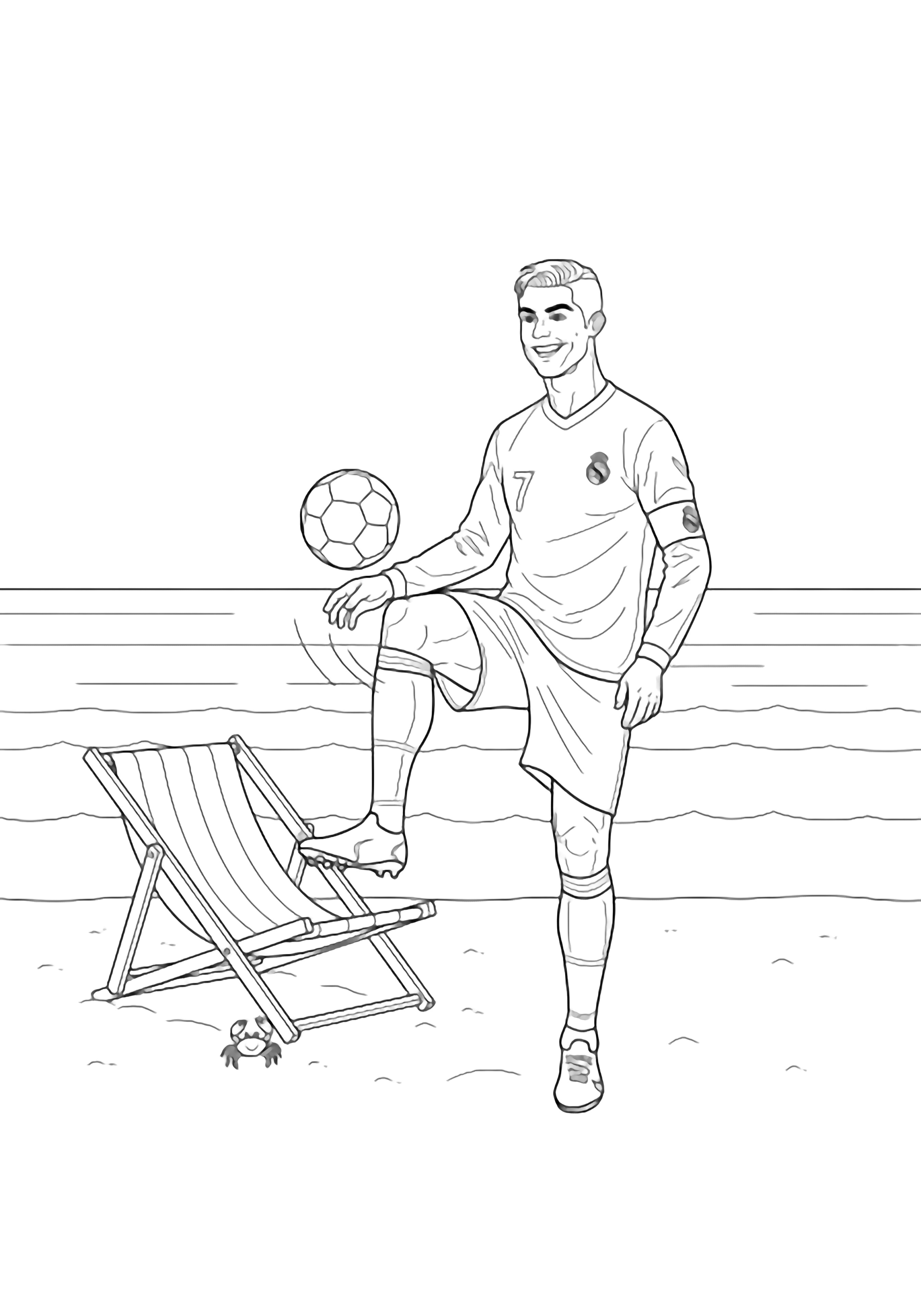 Ronaldo juggling a football on the beach, one knee lifted, tiny crab beside a chair, wavy horizon behind, smiling. kleurplaat