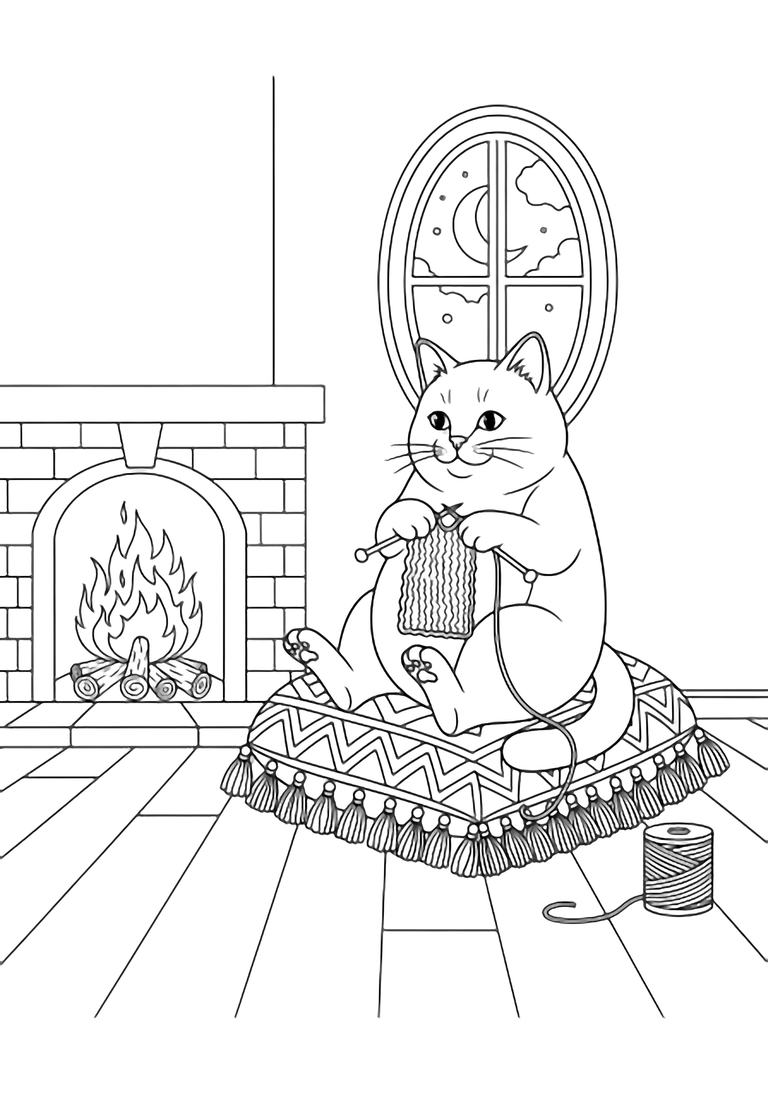 Plump cat knitting on a tasseled cushion beside a crackling hearth, moonlit window, spool on floorboards. kleurplaat