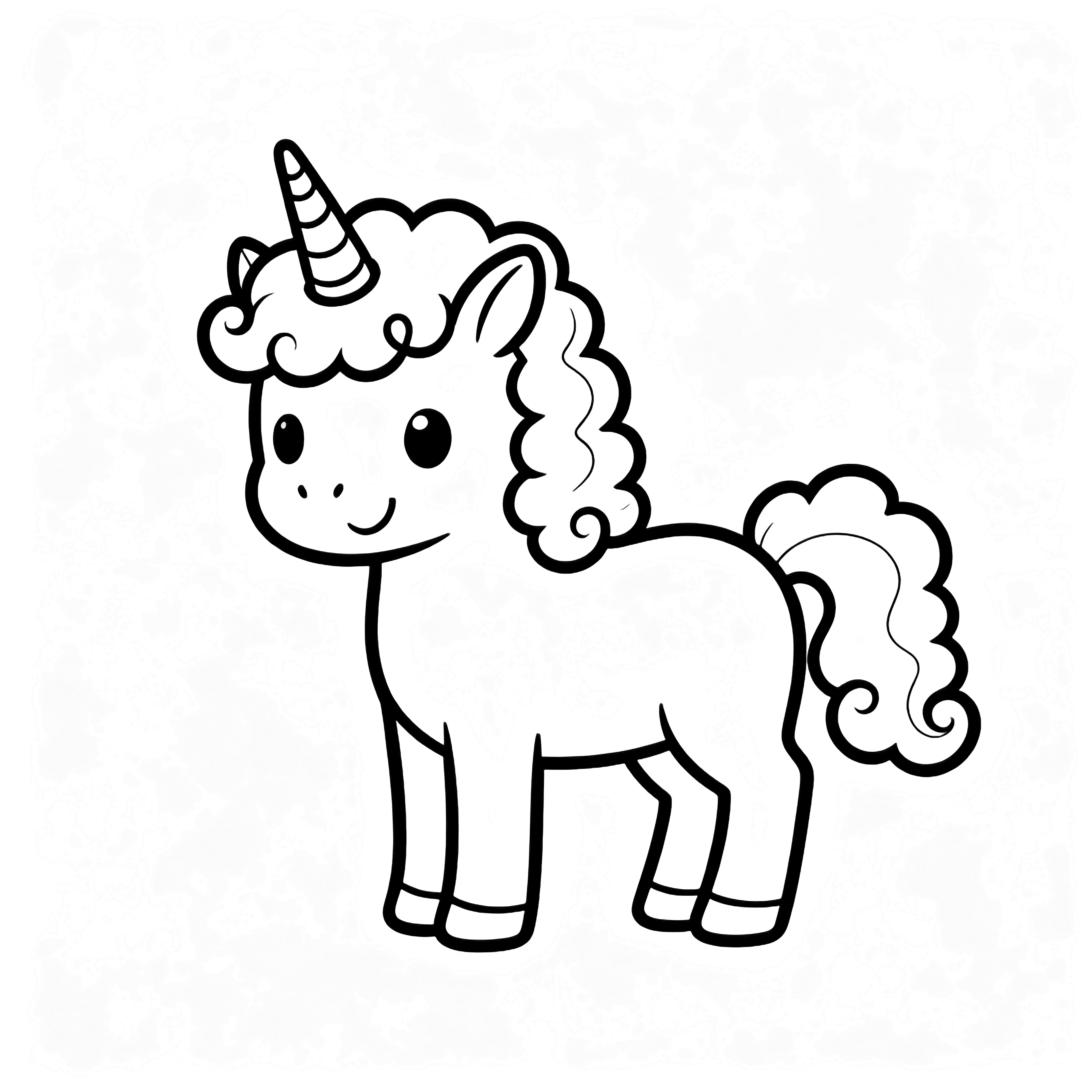 A smiling unicorn with a tiny spiral horn and fluffy curly mane and tail stands centered. kleurplaat