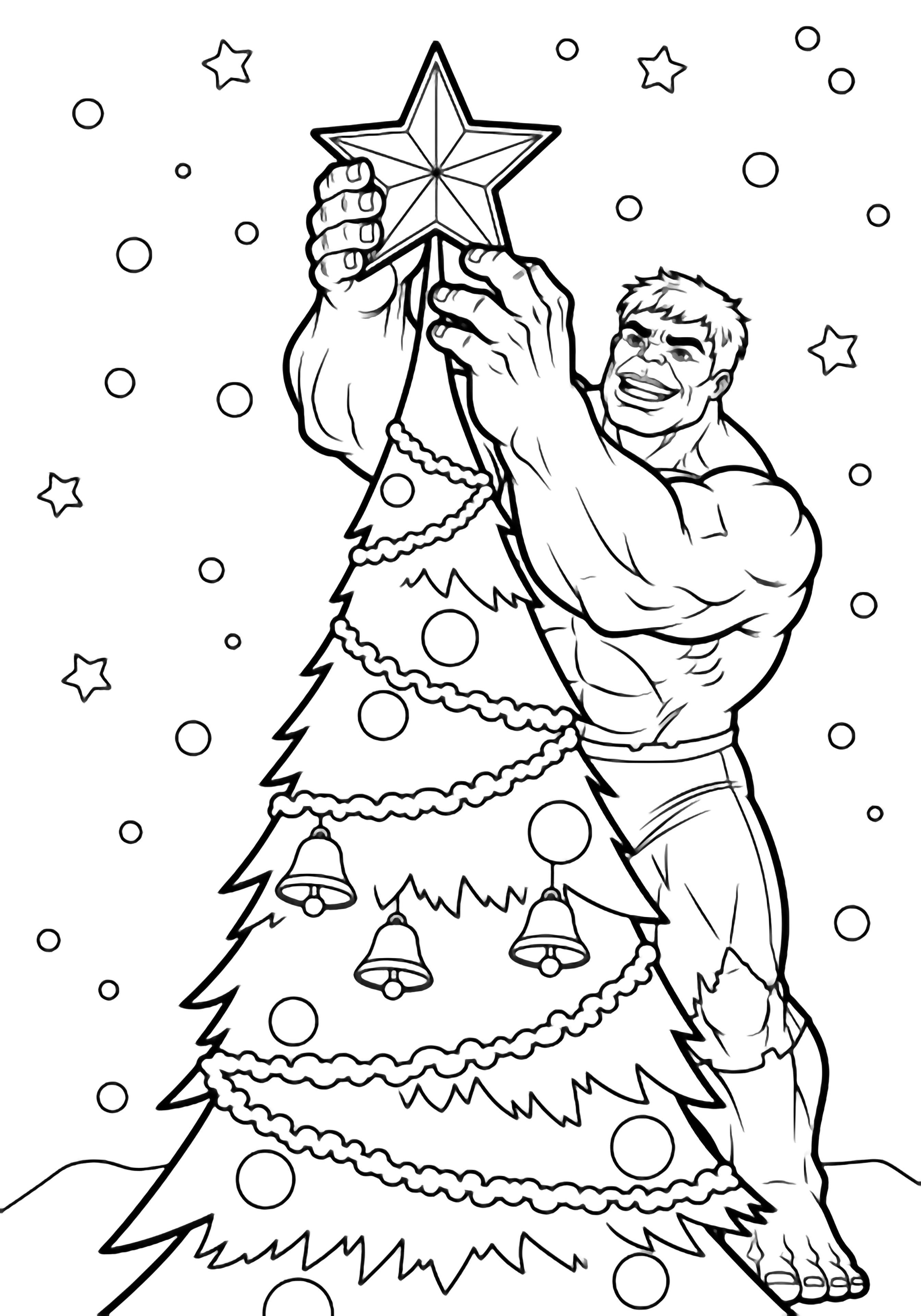 Muscular Hulk smiling lifts a huge star onto a towering Christmas tree, surrounded by simple ornaments, swirling garland, and light snowfall. kleurplaat
