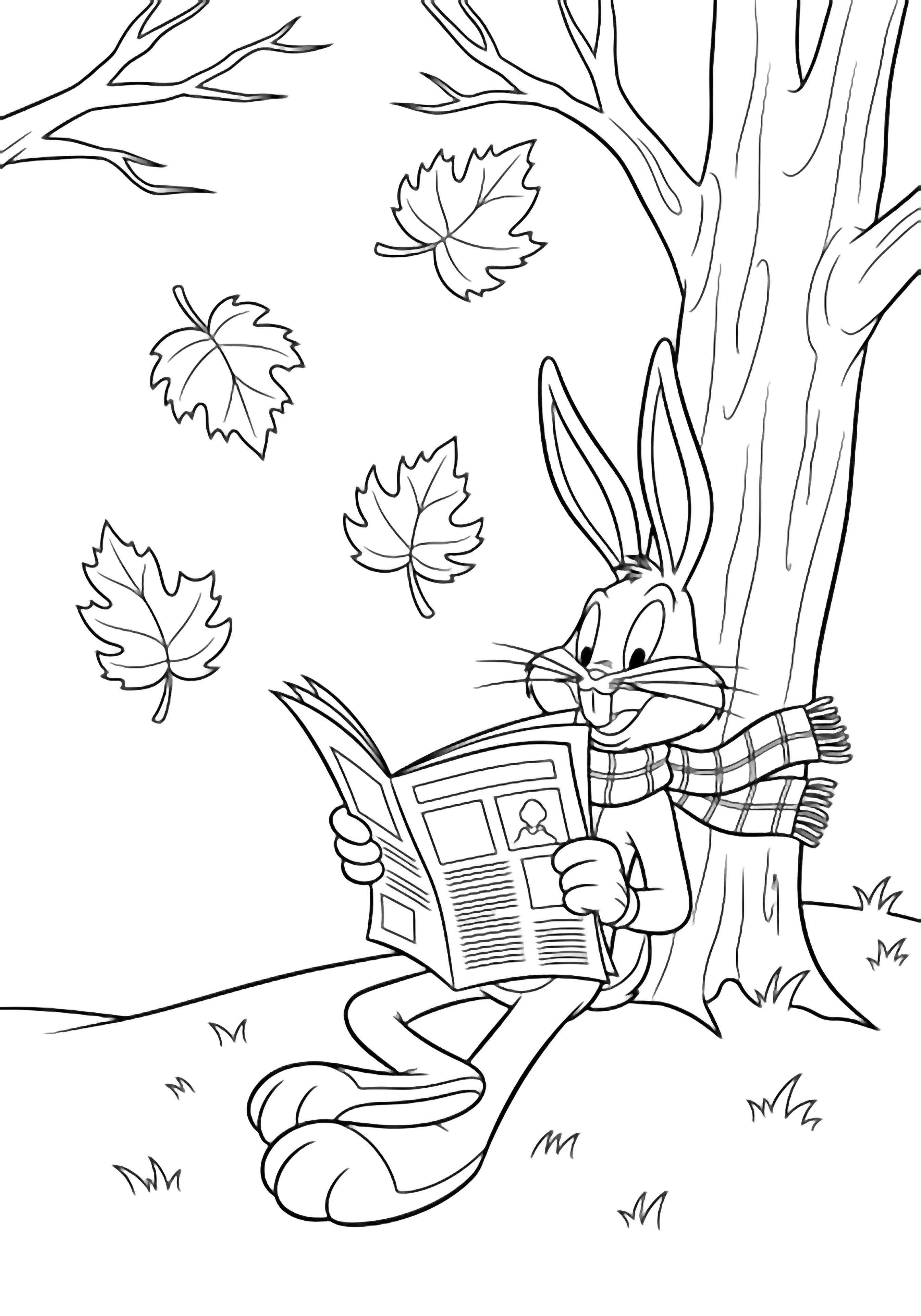 Bugs reclines against a tree, legs crossed, reading a newspaper, plaid scarf round his neck, leaves drifting, grass line below, bare branches overhead. kleurplaat