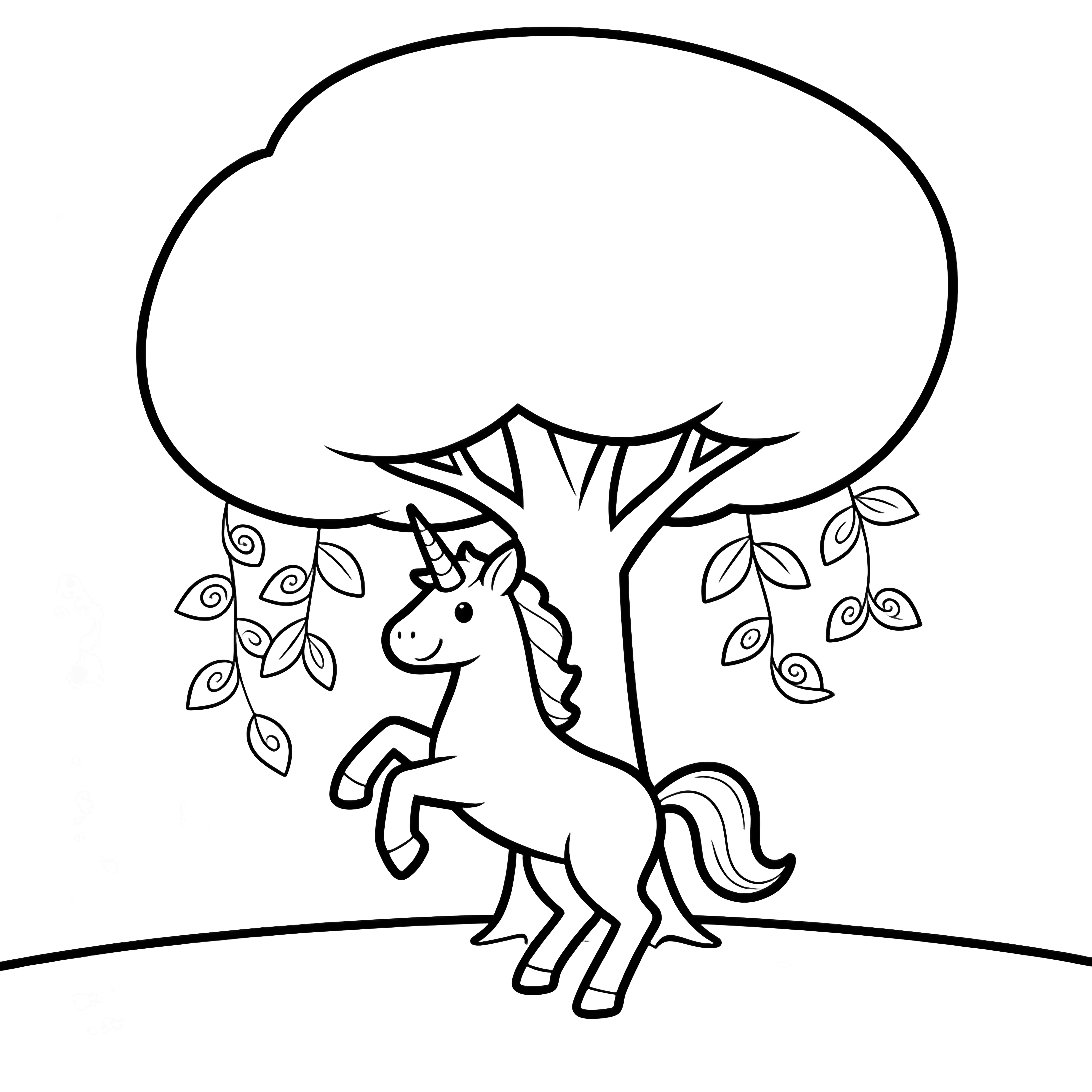 A smiling unicorn rears beneath a big rounded tree while simple leaves spiral down around it. kleurplaat