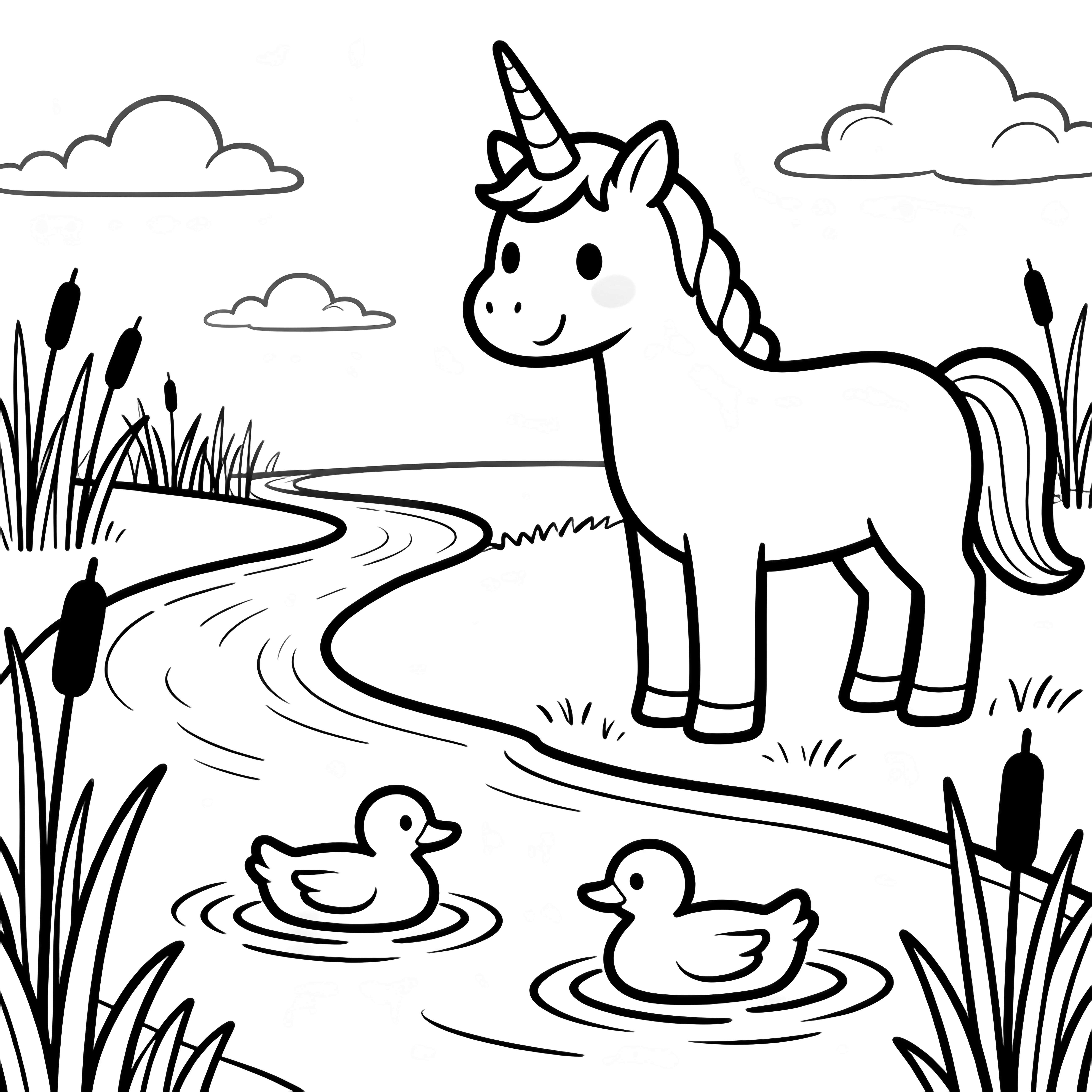 A smiling unicorn stands beside a curved river; two ducks drift on oval ripples, clouds and reeds nearby. kleurplaat
