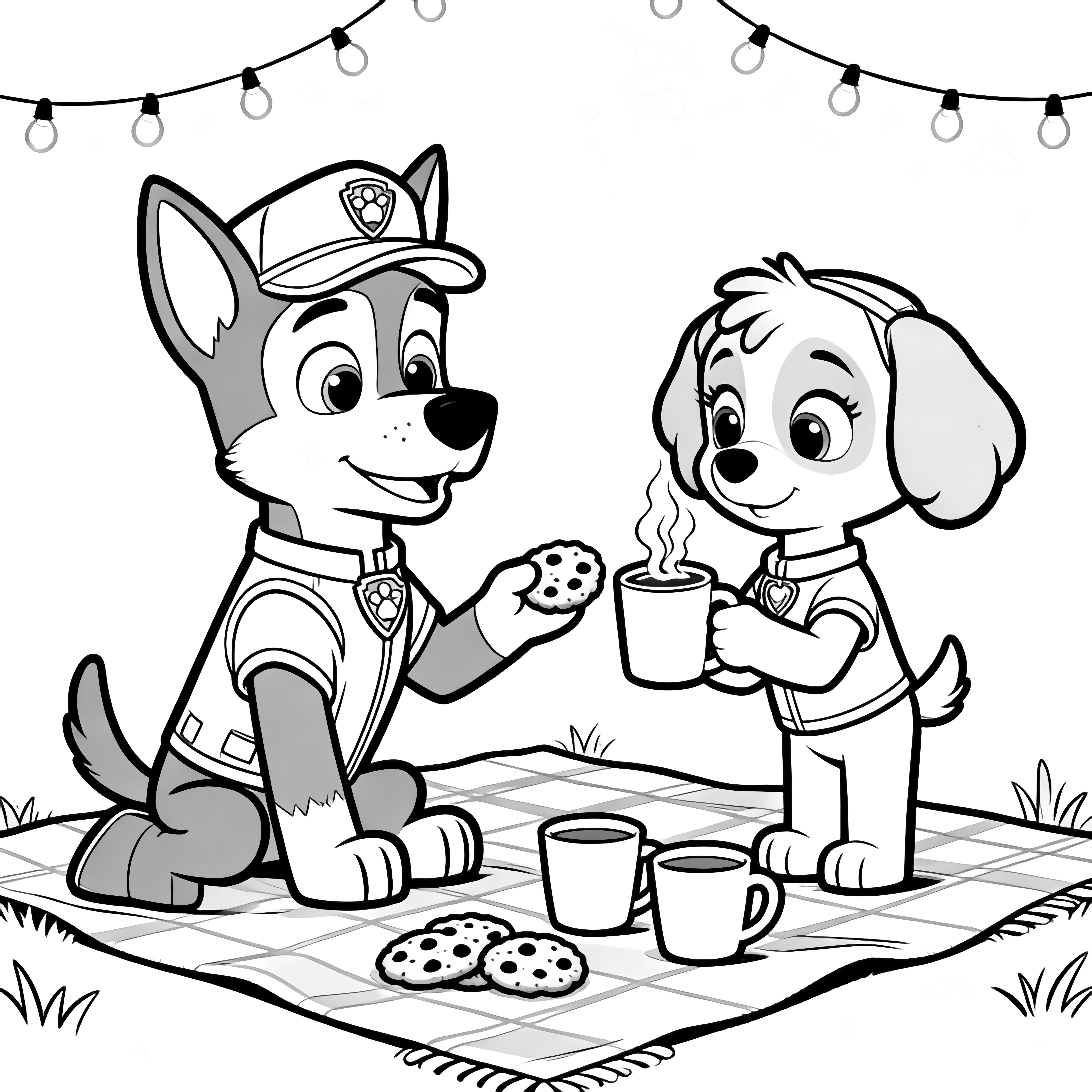 Chase sits on a picnic blanket offering a cookie to Skye, who holds a steaming cocoa mug; loose cookies, two cups, and dangling fairy lights above. kleurplaat