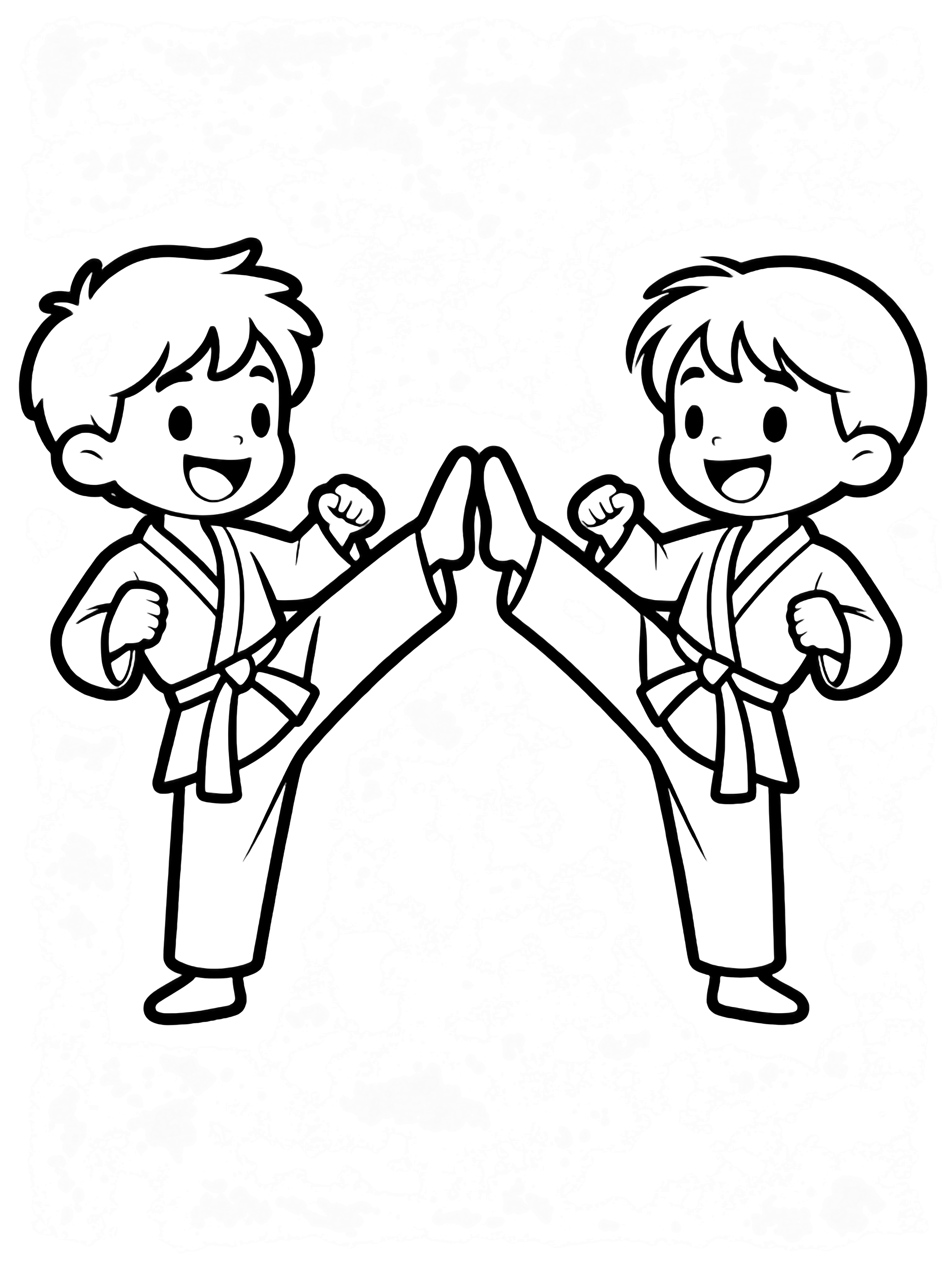 Two smiling children in karate uniforms mid-kick, facing each other with arms ready, isolated on white. kleurplaat