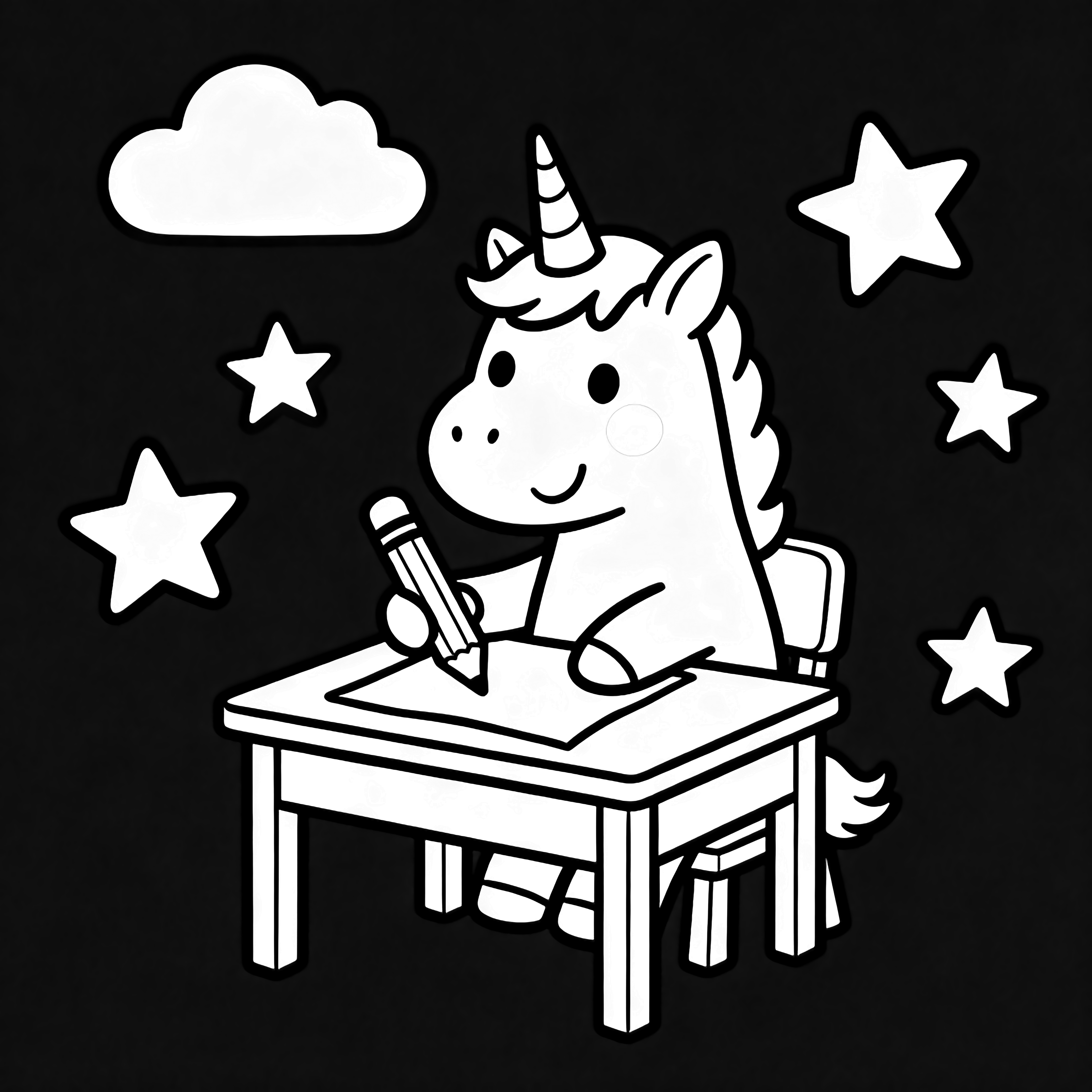 A smiling unicorn sits at a tiny desk, crayon in hoof, drawing on paper while floating stars and one cloud hover nearby. kleurplaat