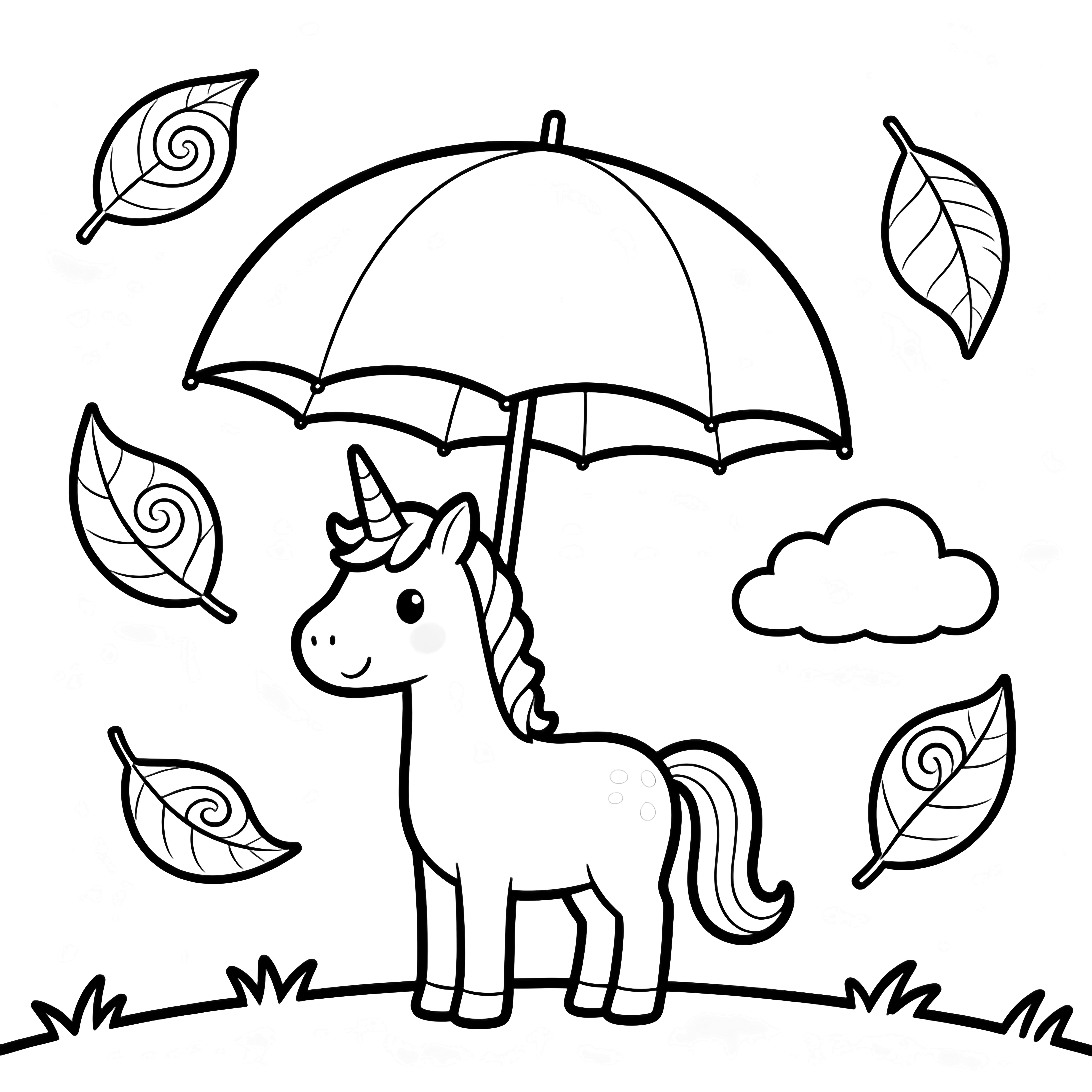 A smiling unicorn stands under a huge umbrella while six swirling leaves drift around, a puffy cloud floats above, and a simple grass line borders the scene. kleurplaat