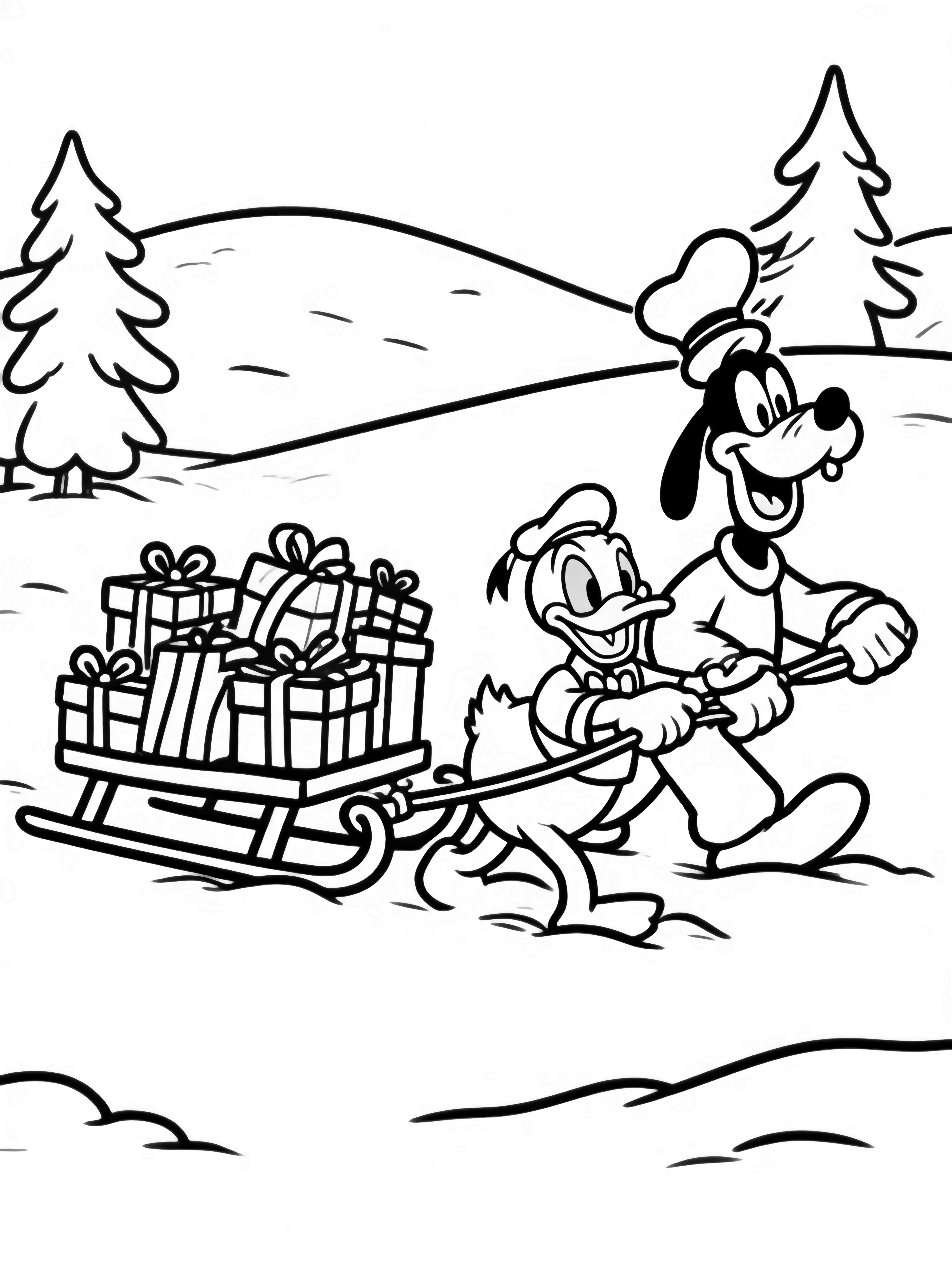 illustration on a Donald Duck and Goofy beam while pulling a sleigh piled with ribbon wrapped gifts across open snow; distant pines and gentle hills frame the simple background all in bold clean colorable outlines clean black kleurplaat