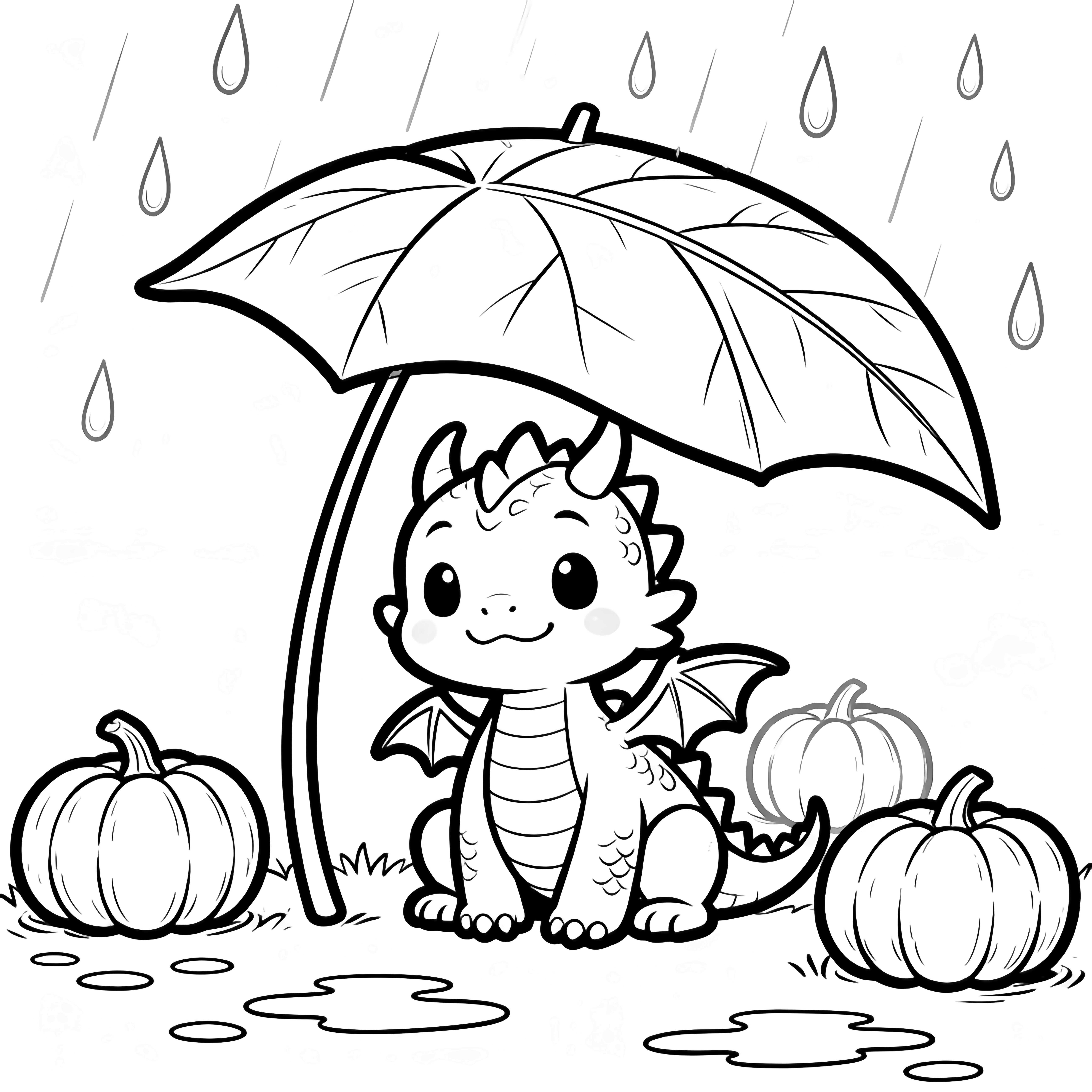 A smiling baby dragon crouches beneath a giant leaf umbrella, pumpkins on the ground, gentle raindrops above, puddles around. kleurplaat