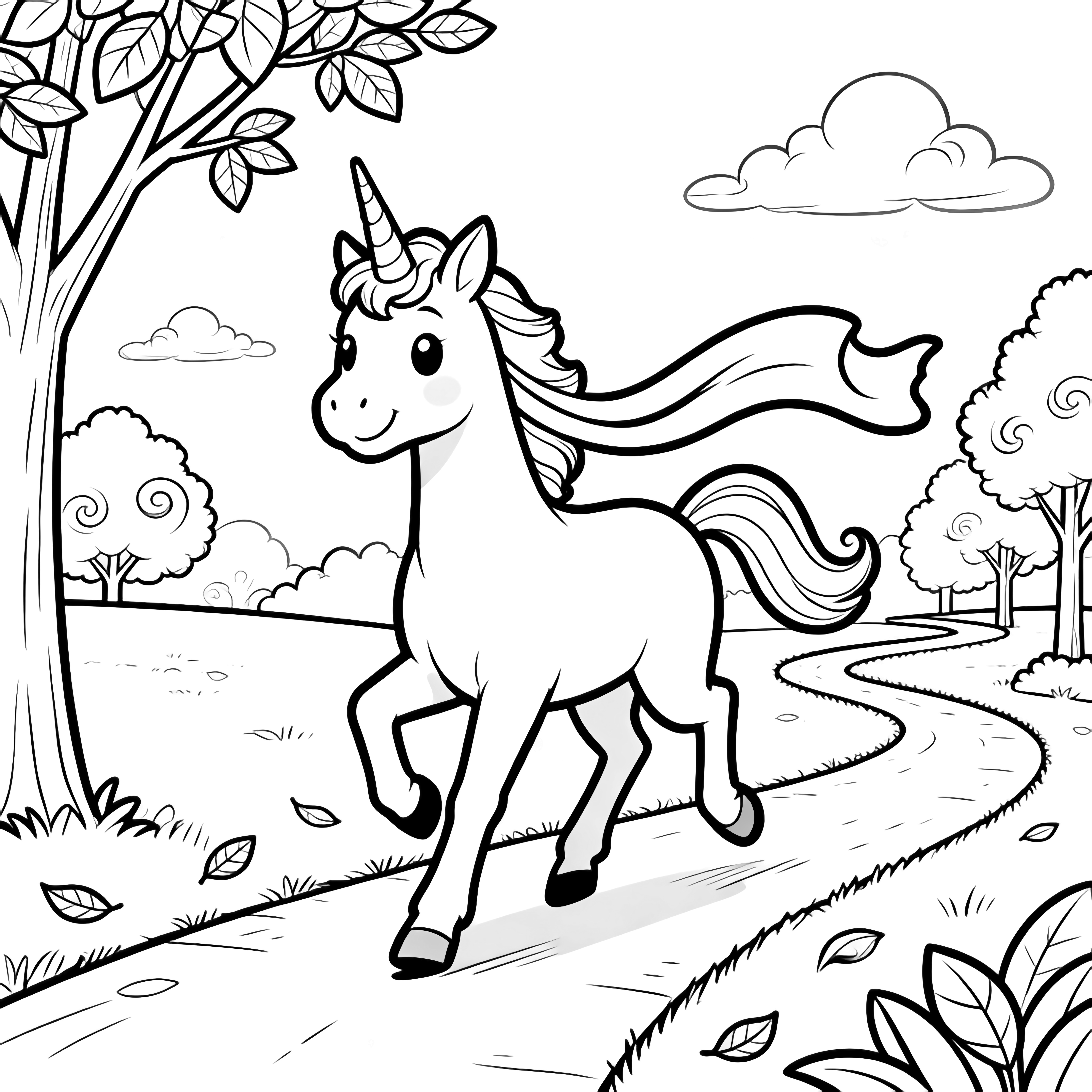 A smiling unicorn trots along a winding park path, its scarf billowing, leaves swirling, clouds drifting, simple trees framing the scene. kleurplaat