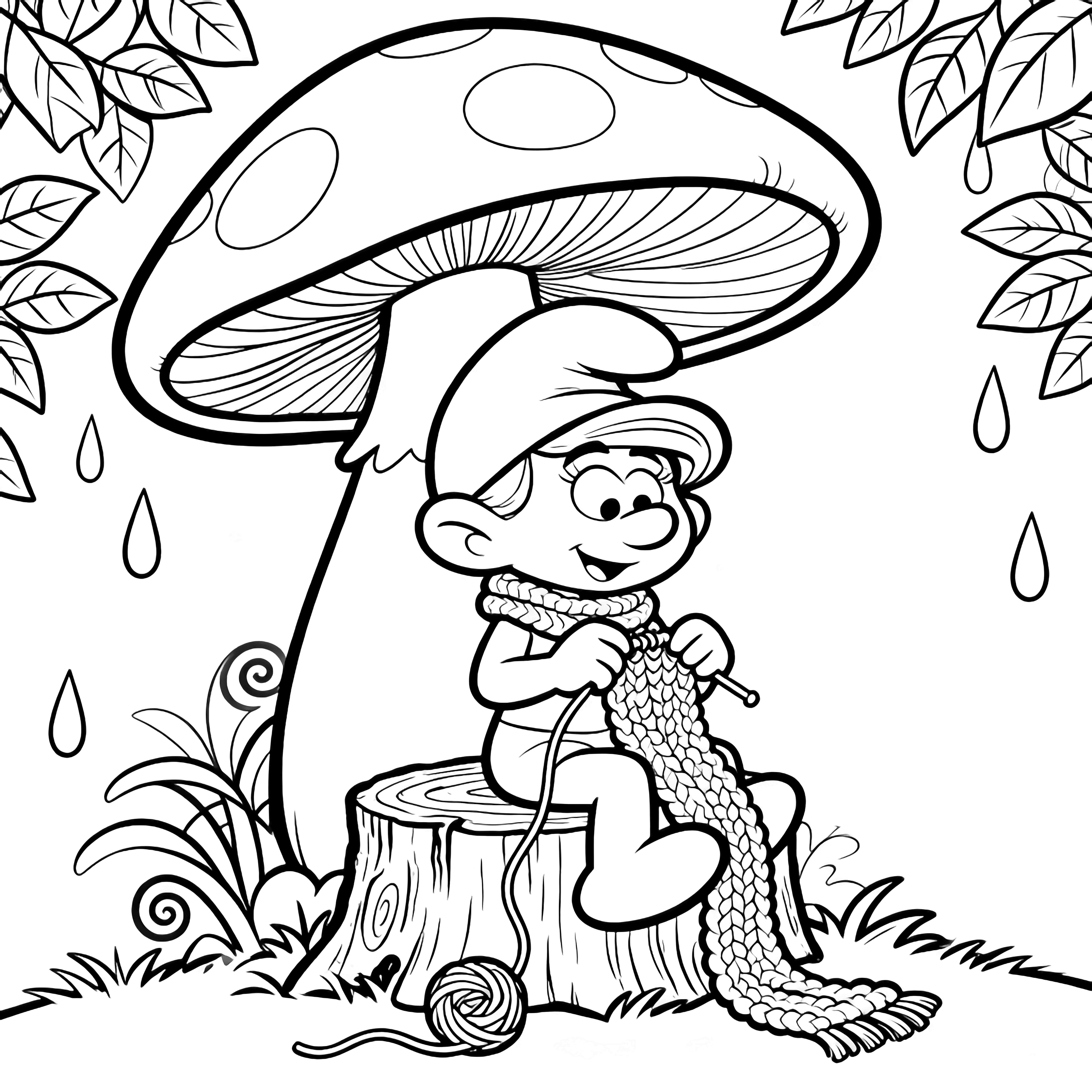 Smurfette perched on a stump knitting a long scarf beneath a towering mushroom cap, encircled by drifting leaves and gentle raindrops. kleurplaat